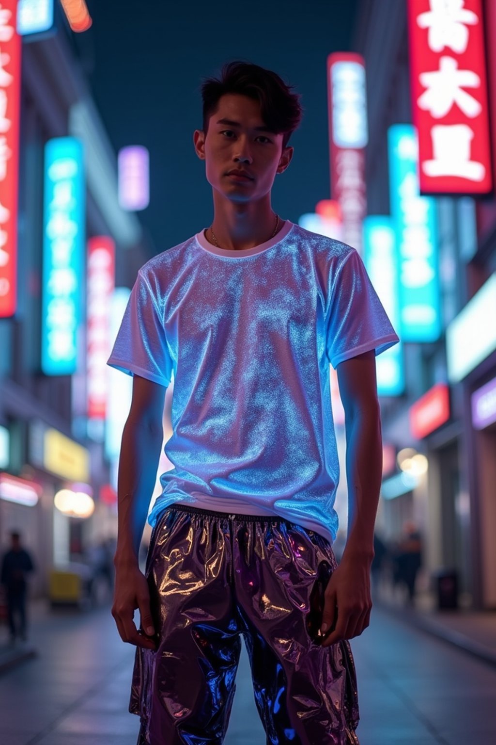 man wearing  holographic t-shirt and cybernetic trousers in a neon-lit Bladerunner-inspired cityscape