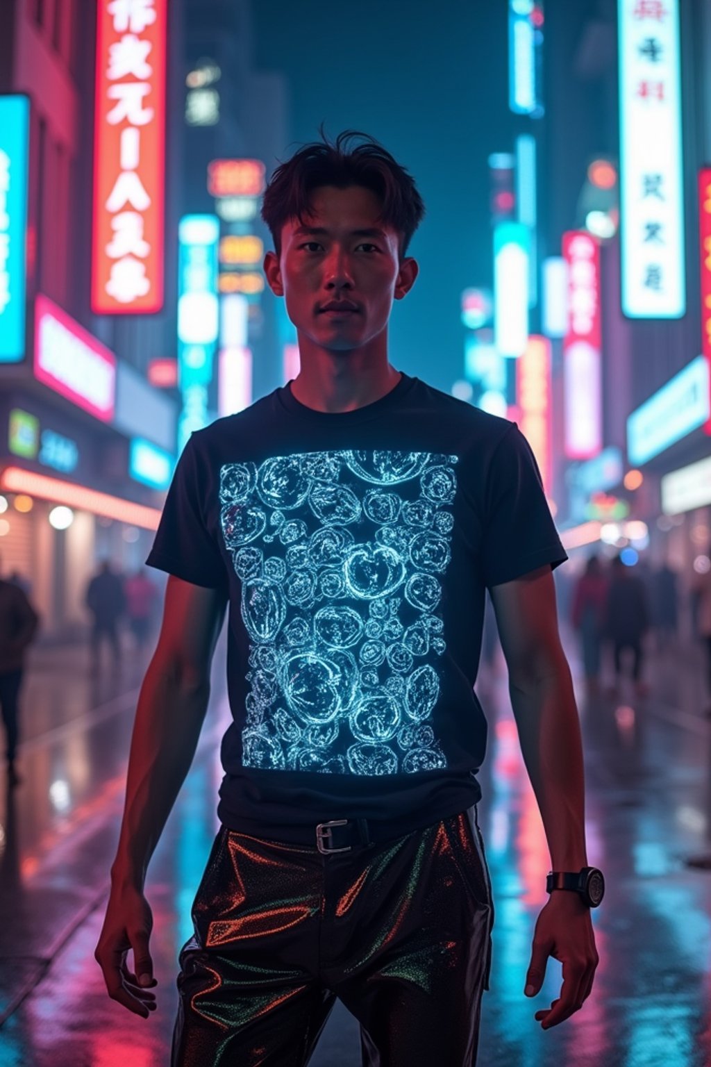 man wearing  holographic t-shirt and cybernetic trousers in a neon-lit Bladerunner-inspired cityscape