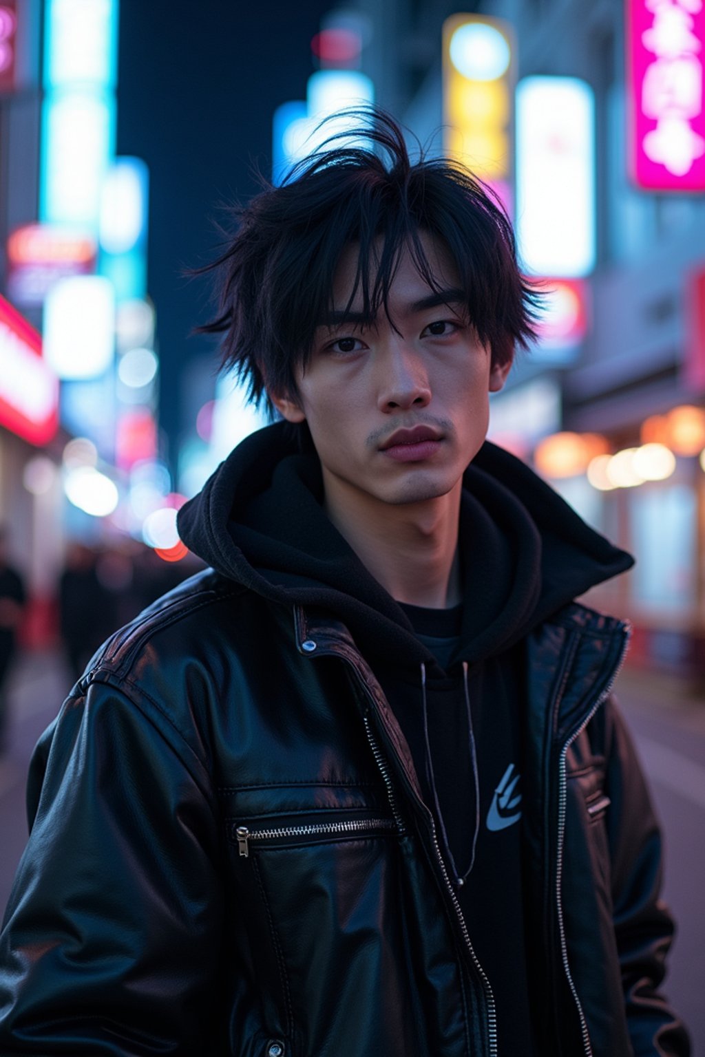 cosplayer man in a cyberpunk outfit, posing against the backdrop of bright city lights