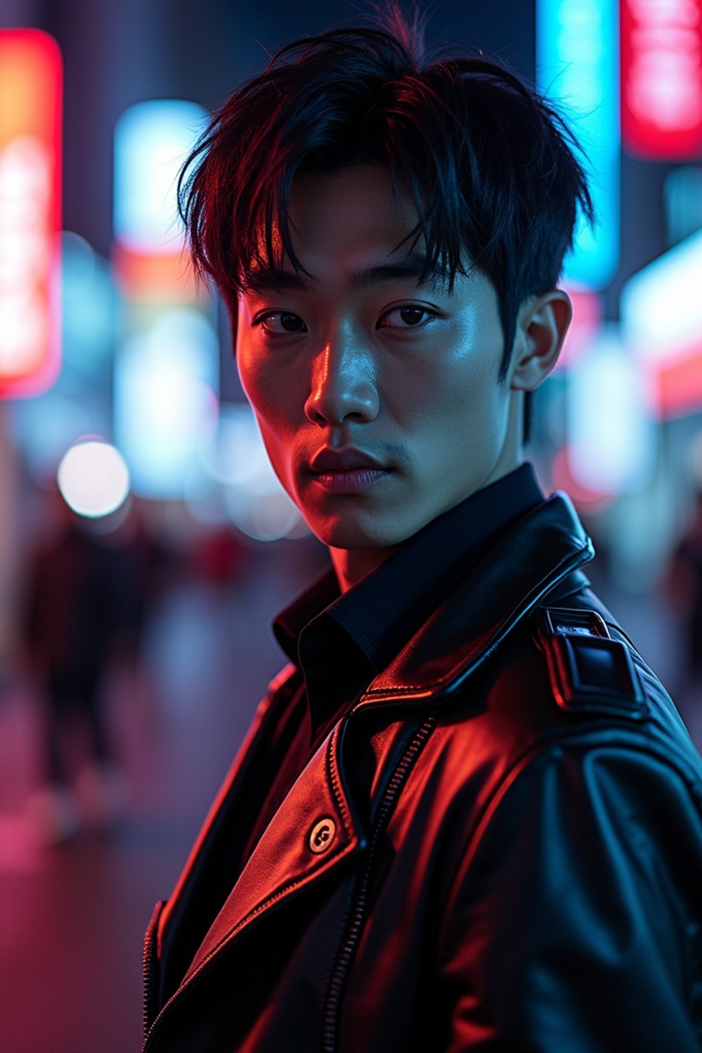 cosplayer man in a cyberpunk outfit, posing against the backdrop of bright city lights