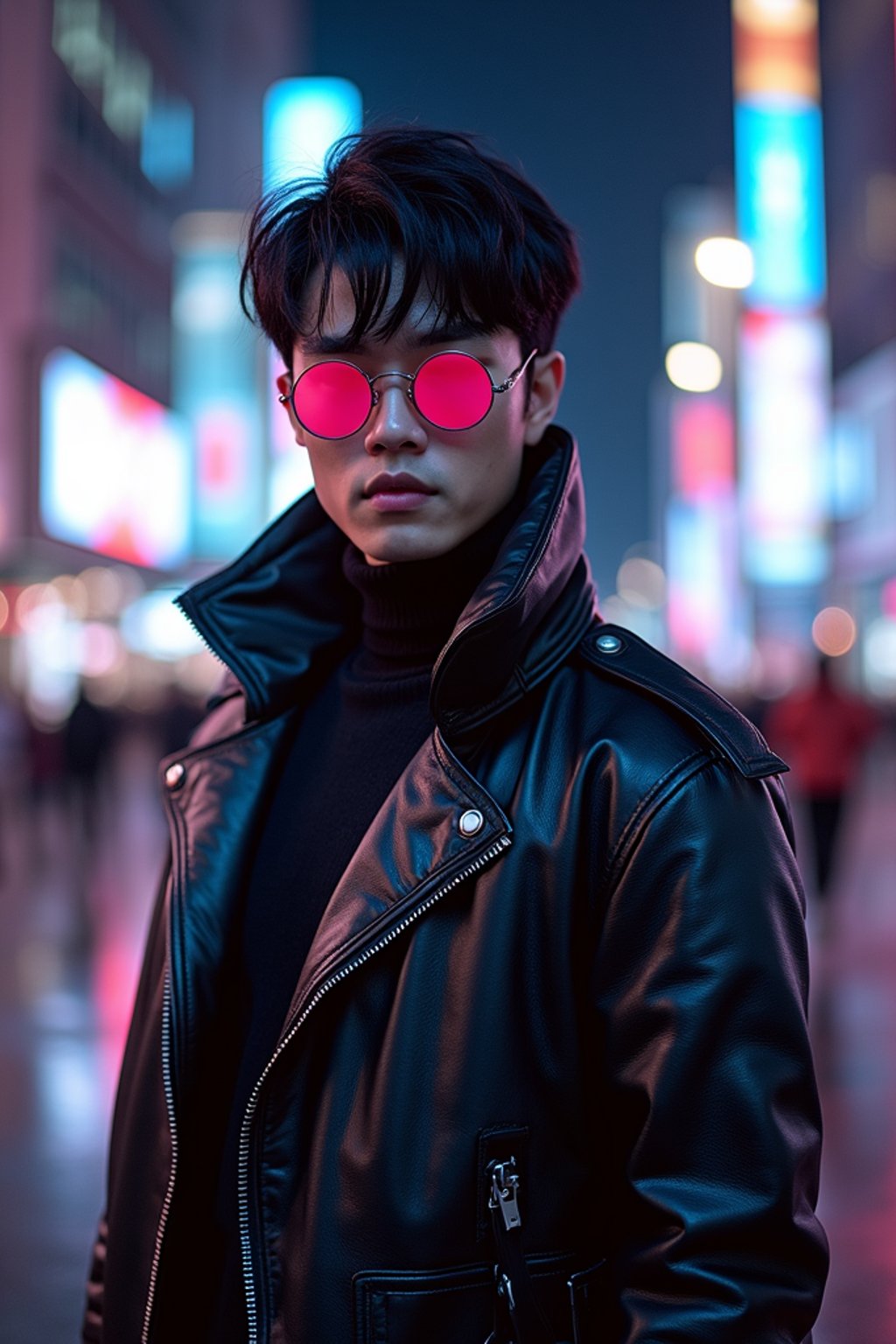 cosplayer man in a cyberpunk outfit, posing against the backdrop of bright city lights