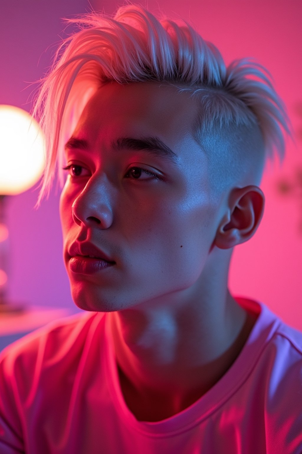 man with platinum blonde hair, in neon bar, cyberpunk, pink latex crop top, professional award winning photography, beautiful detailed eyes, highly detailed glossy eyes, high detailed skin, skin pores