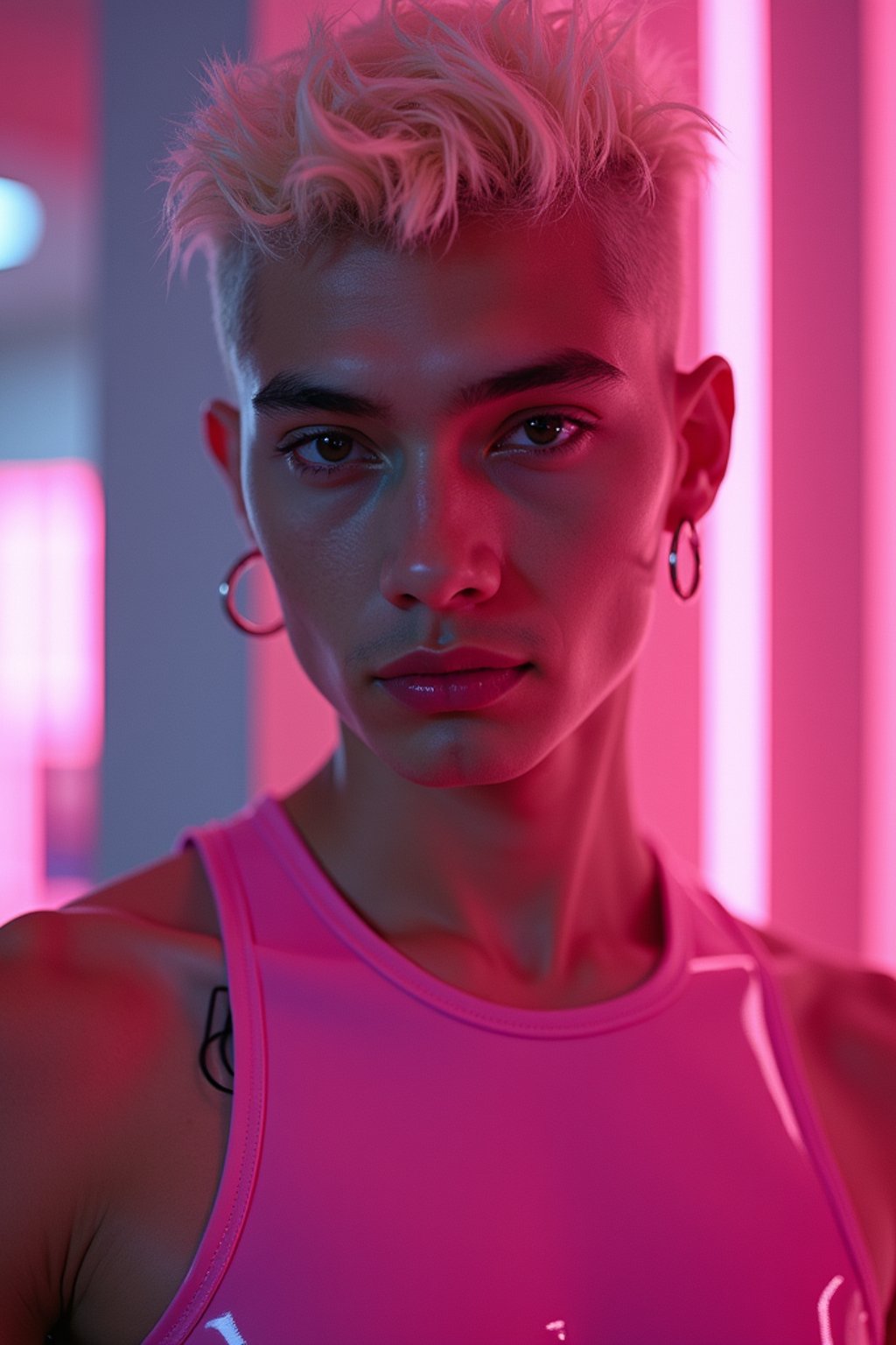 man with platinum blonde hair, in neon bar, cyberpunk, pink latex crop top, professional award winning photography, beautiful detailed eyes, highly detailed glossy eyes, high detailed skin, skin pores