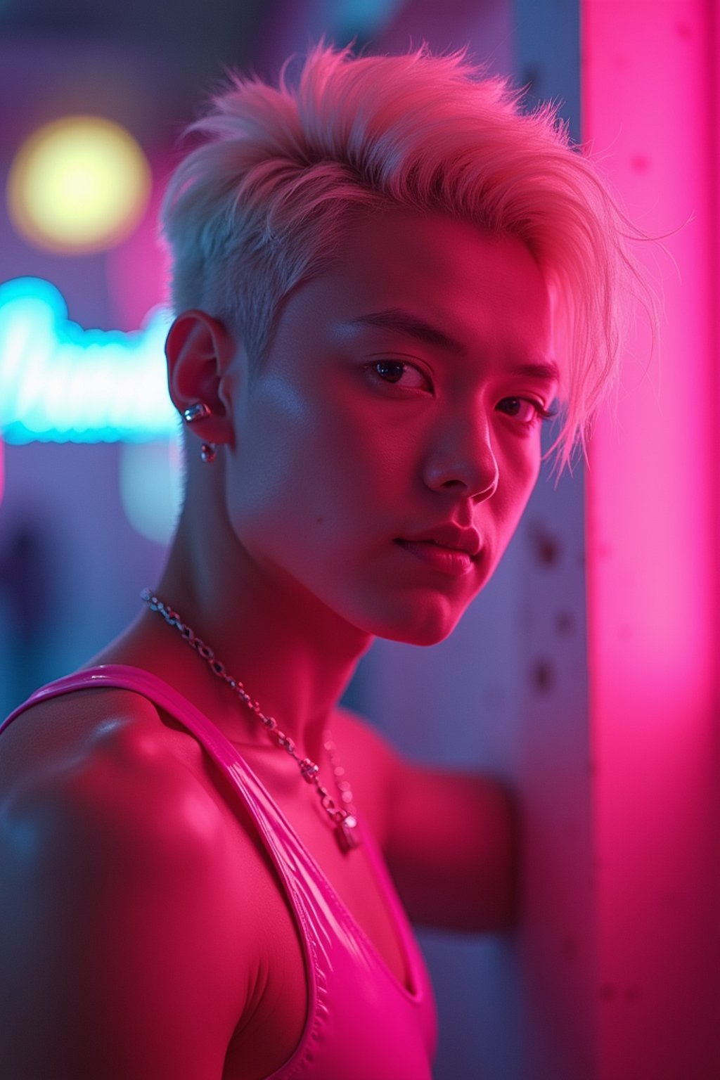 man with platinum blonde hair, in neon bar, cyberpunk, pink latex crop top, professional award winning photography, beautiful detailed eyes, highly detailed glossy eyes, high detailed skin, skin pores