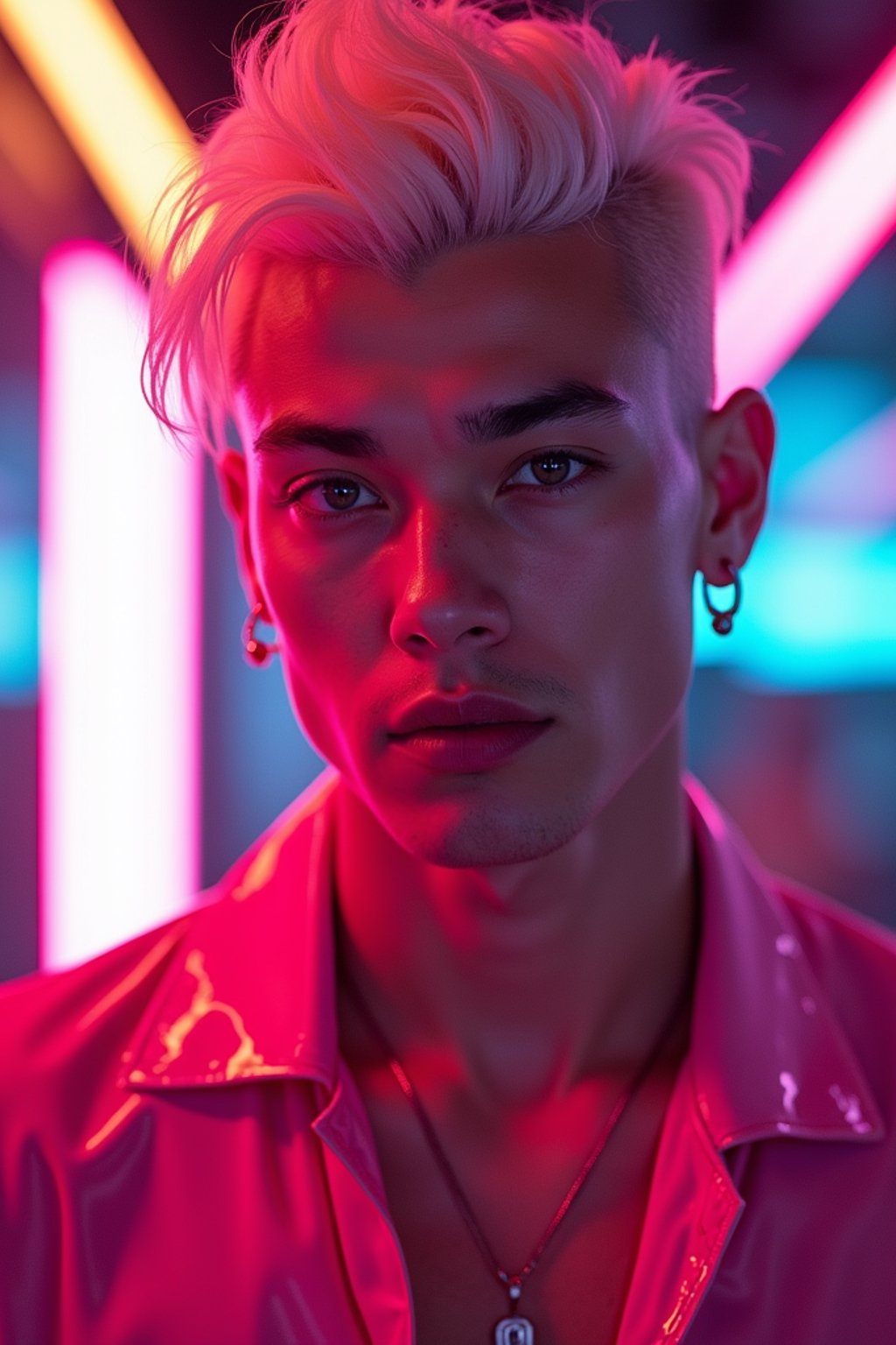 man with platinum blonde hair, in neon bar, cyberpunk, pink latex crop top, professional award winning photography, beautiful detailed eyes, highly detailed glossy eyes, high detailed skin, skin pores