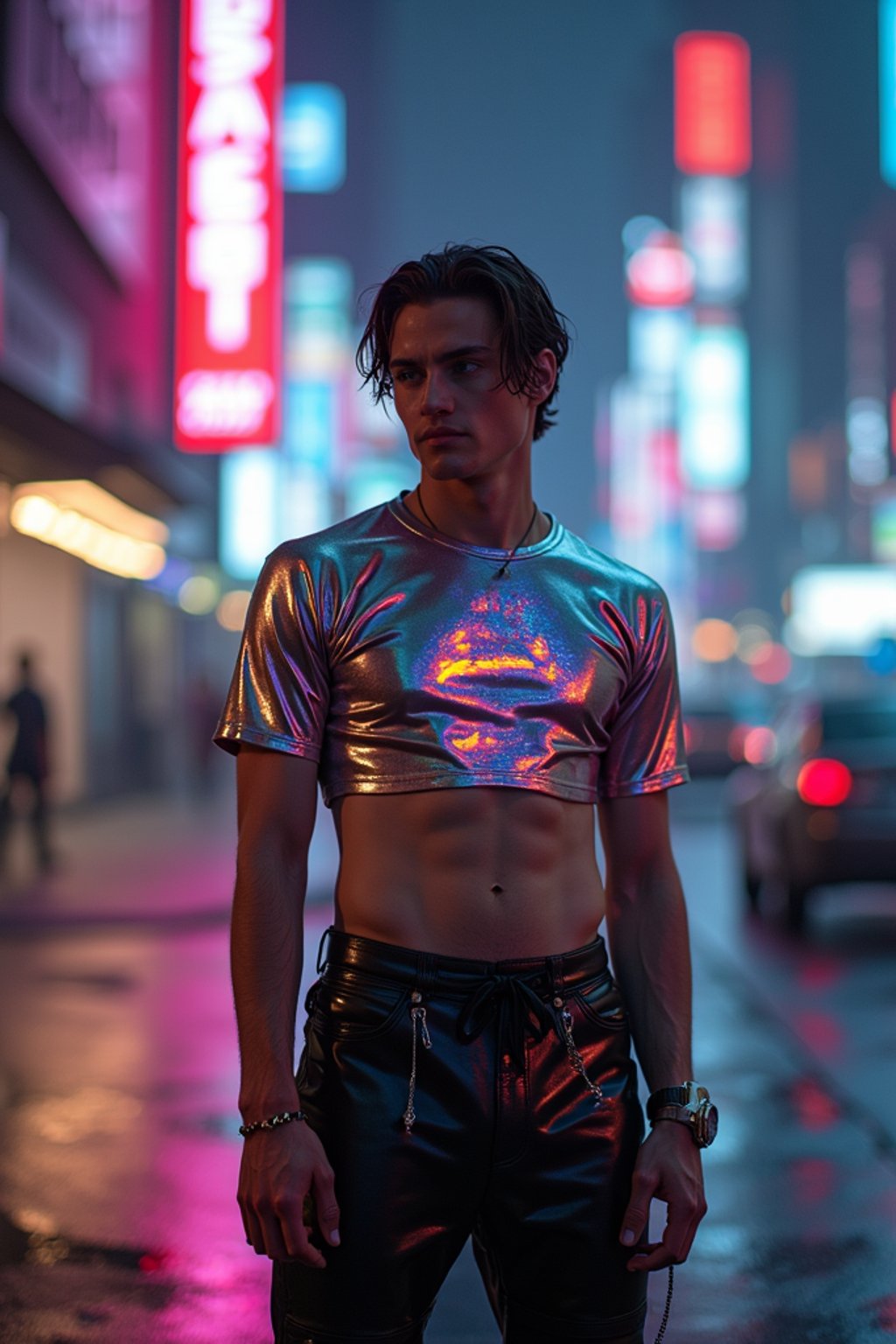 man wearing sleek leather pants with neon highlights and holographic top in a Bladerunner-inspired cityscape