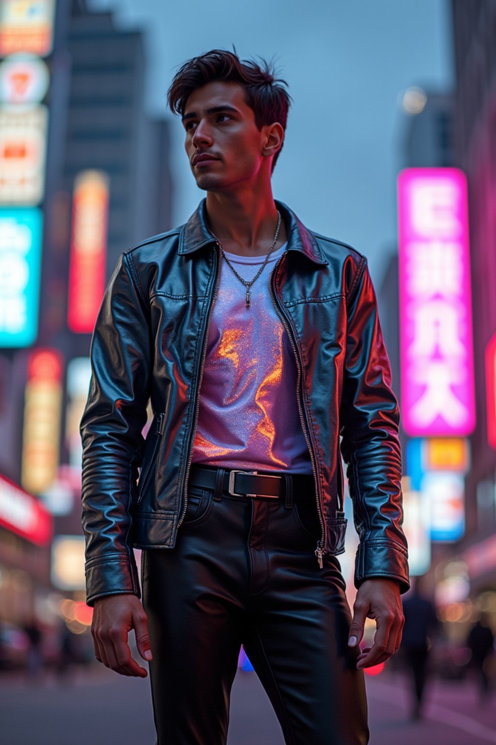 man wearing sleek leather pants with neon highlights and holographic top in a Bladerunner-inspired cityscape