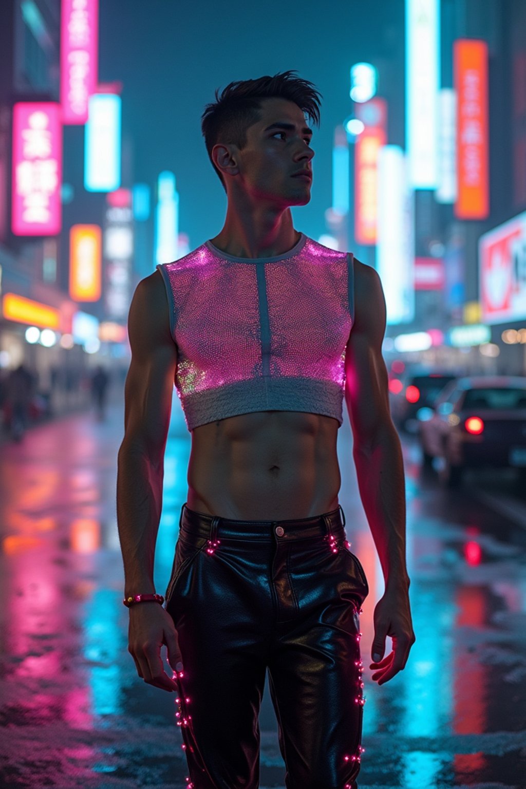 man wearing sleek leather pants with neon highlights and holographic top in a Bladerunner-inspired cityscape