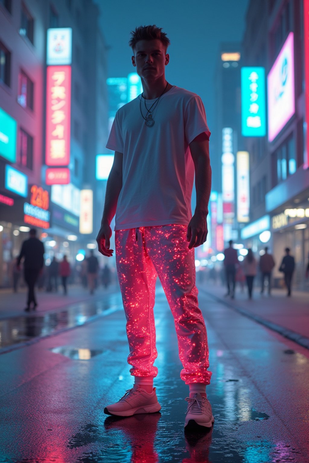 man wearing sporty neon  t-shirt and holographic joggers in a dystopian digital cityscape