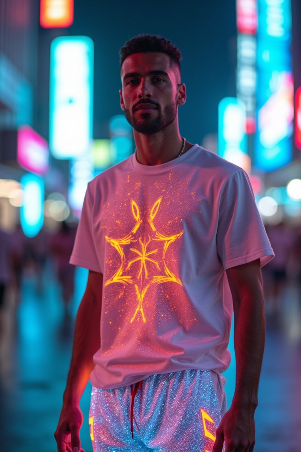 man wearing sporty neon  t-shirt and holographic joggers in a dystopian digital cityscape