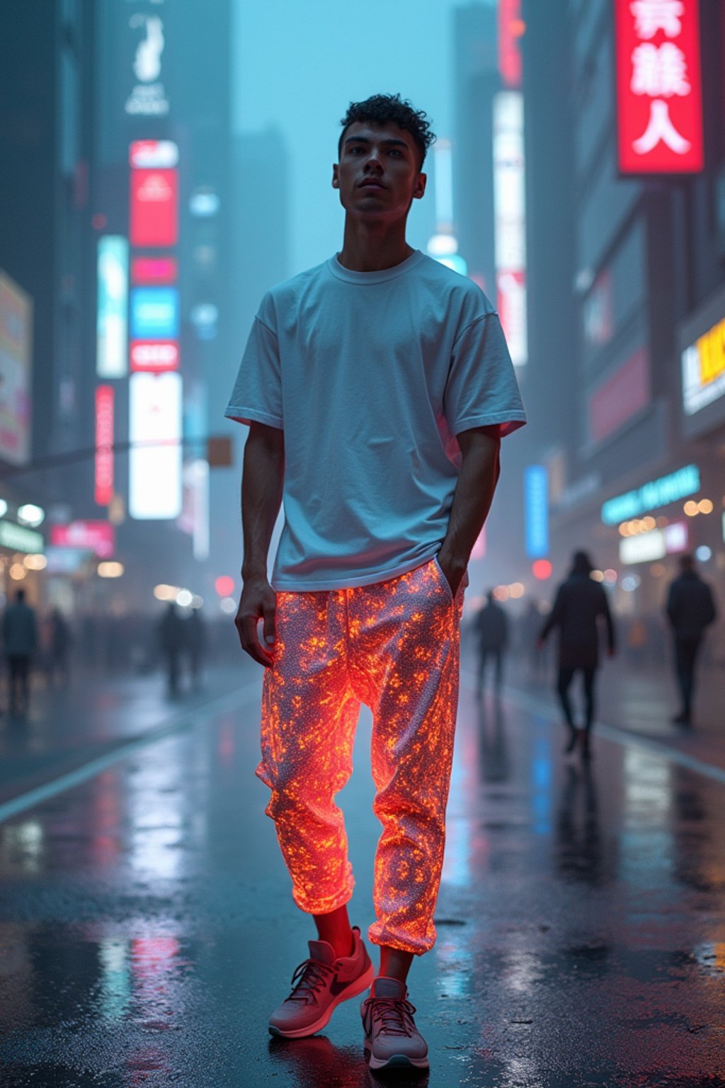 man wearing sporty neon  t-shirt and holographic joggers in a dystopian digital cityscape