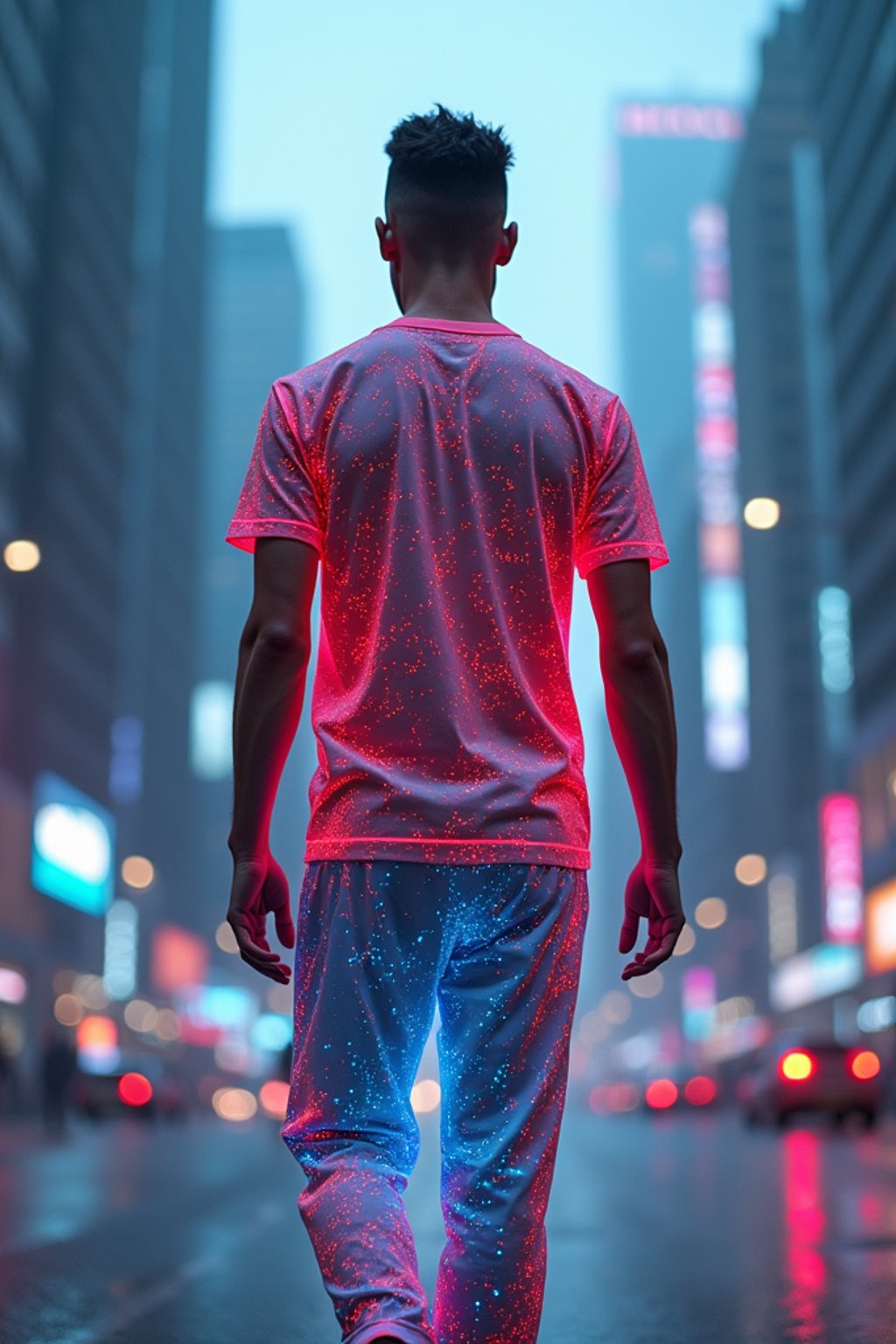 man wearing sporty neon  t-shirt and holographic joggers in a dystopian digital cityscape