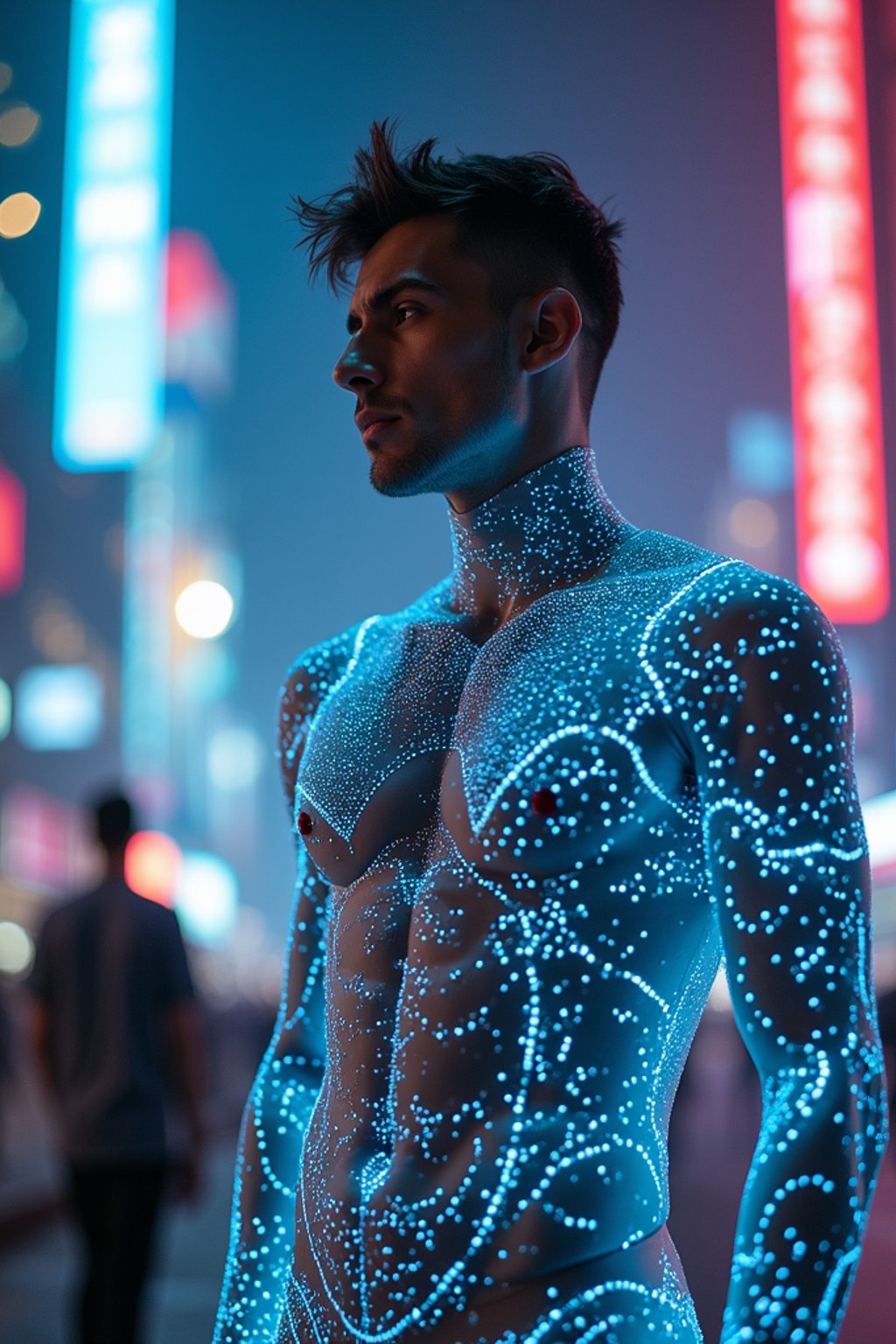 man wearing  holographic nightclub outfit in a cybernetic cityscape