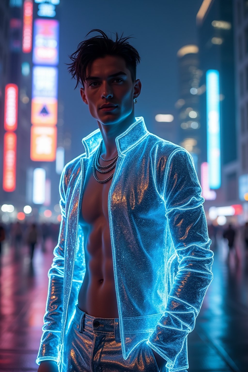 man wearing  holographic nightclub outfit in a cybernetic cityscape