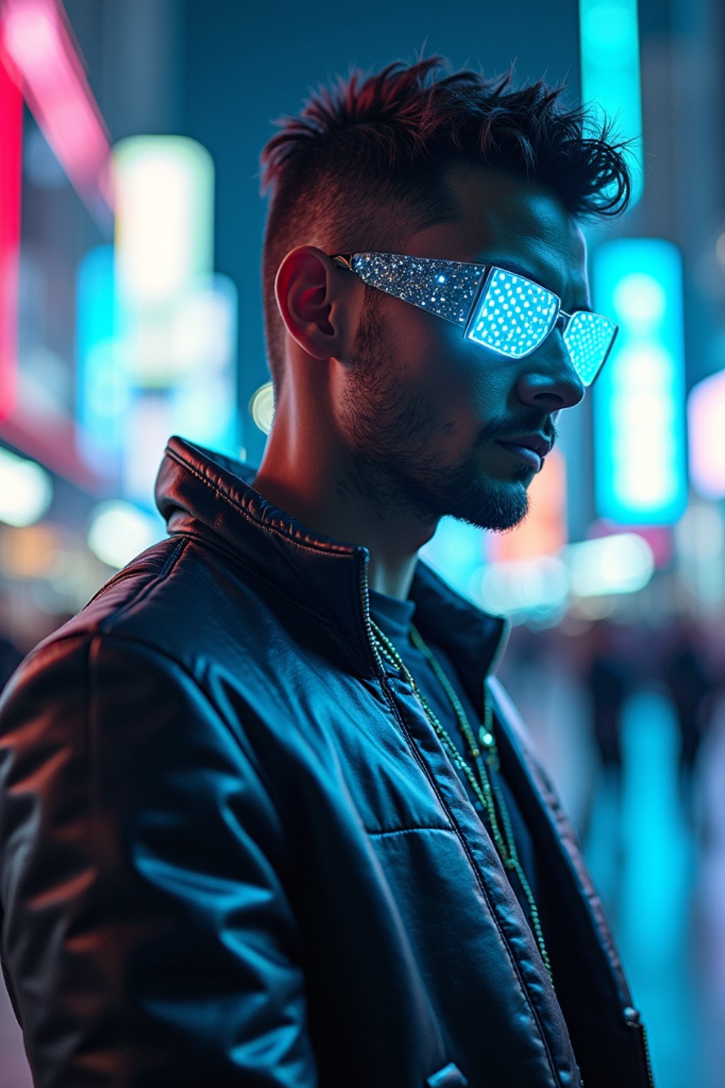 man wearing  holographic nightclub outfit in a cybernetic cityscape