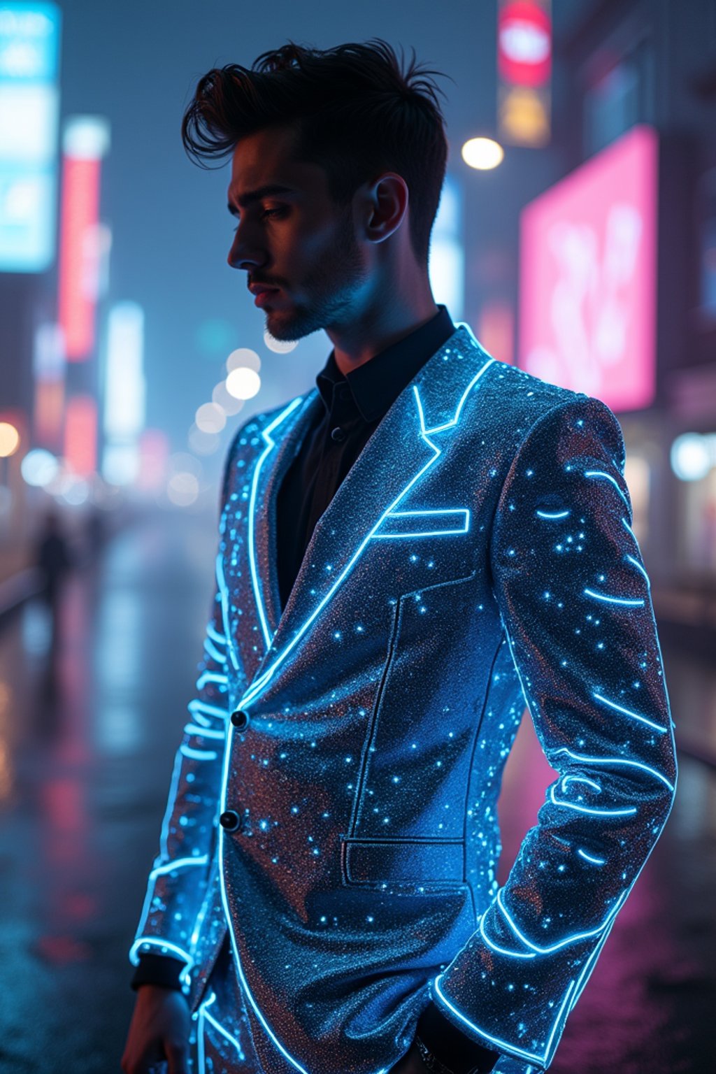 man wearing  holographic nightclub outfit in a cybernetic cityscape