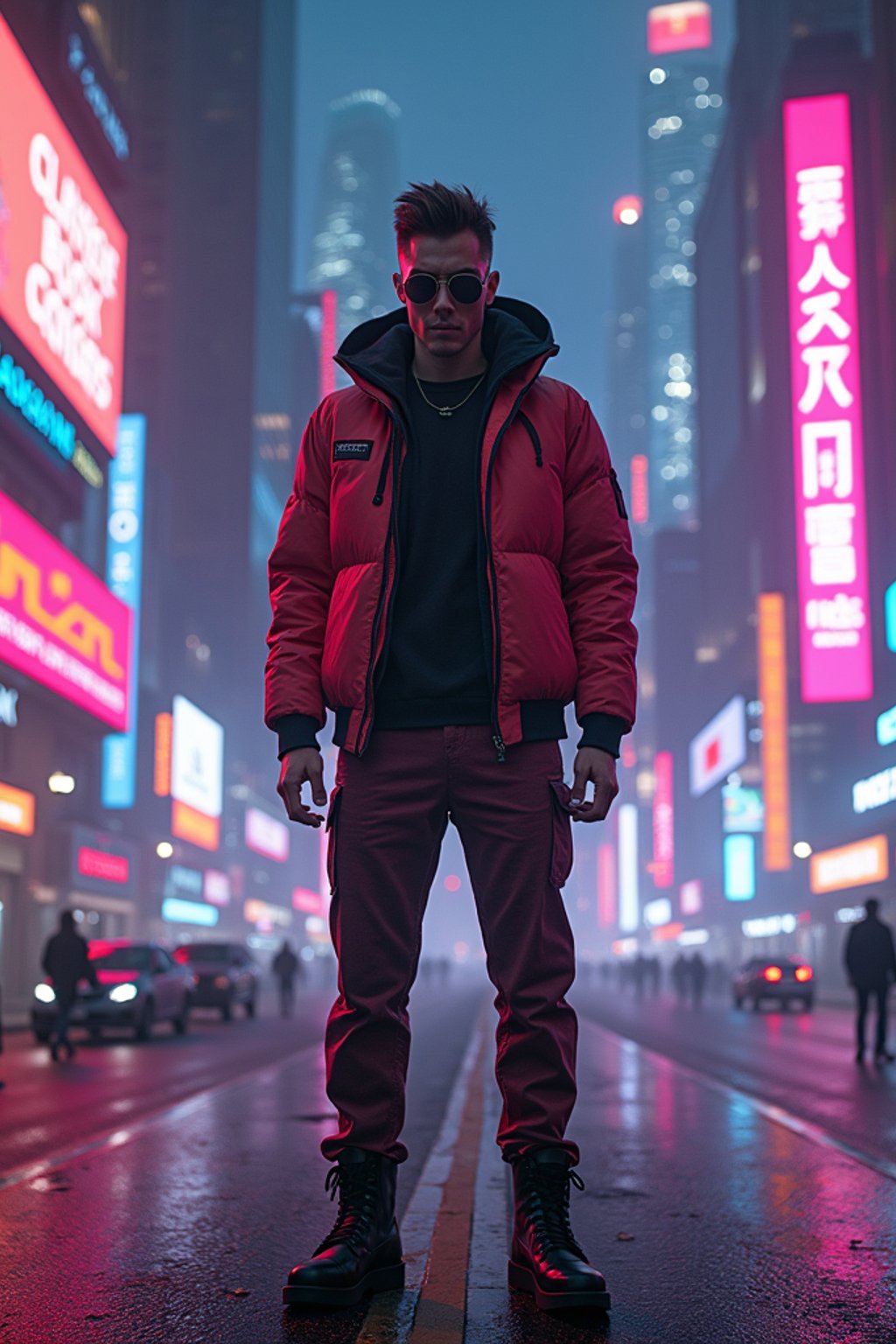 cyberpunk man with futuristic cyberpunk neon clothes standing in cyberpunk city with neon lights city on Mars in future, neon billboards, skyscrapers