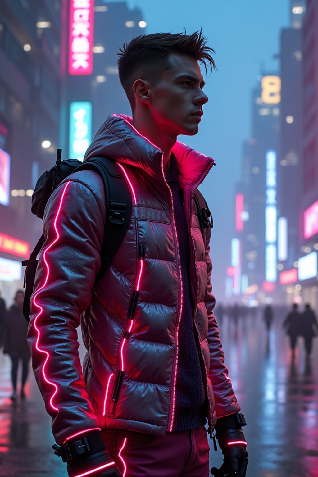 cyberpunk man with futuristic cyberpunk neon clothes standing in cyberpunk city with neon lights city on Mars in future, neon billboards, skyscrapers