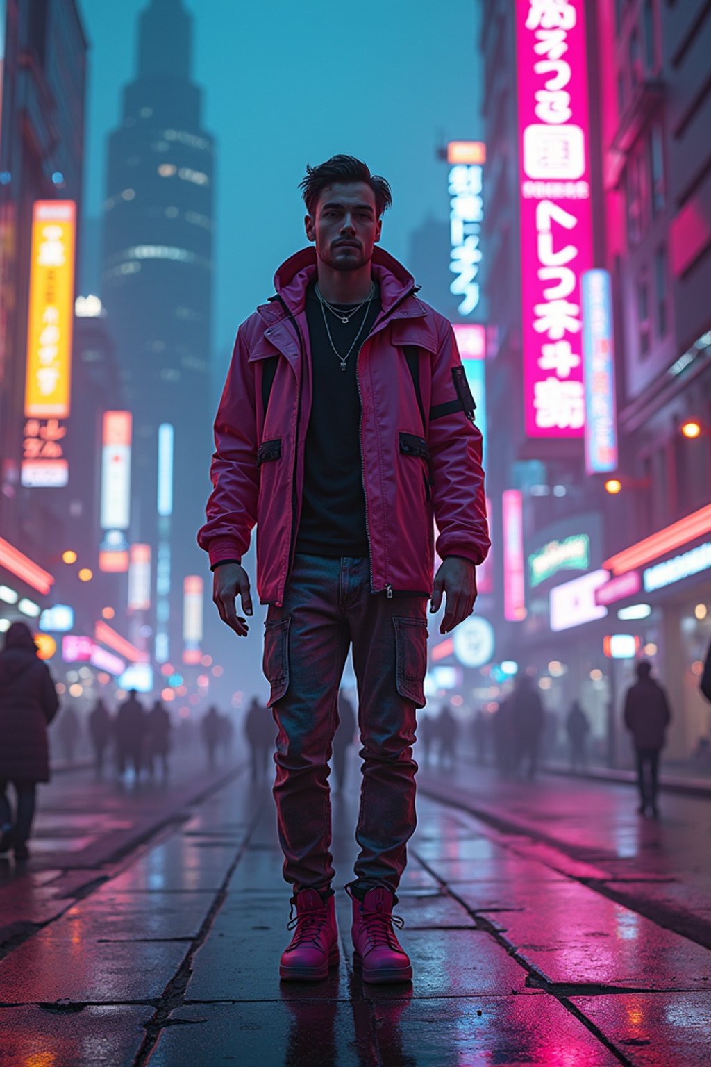 cyberpunk man with futuristic cyberpunk neon clothes standing in cyberpunk city with neon lights city on Mars in future, neon billboards, skyscrapers