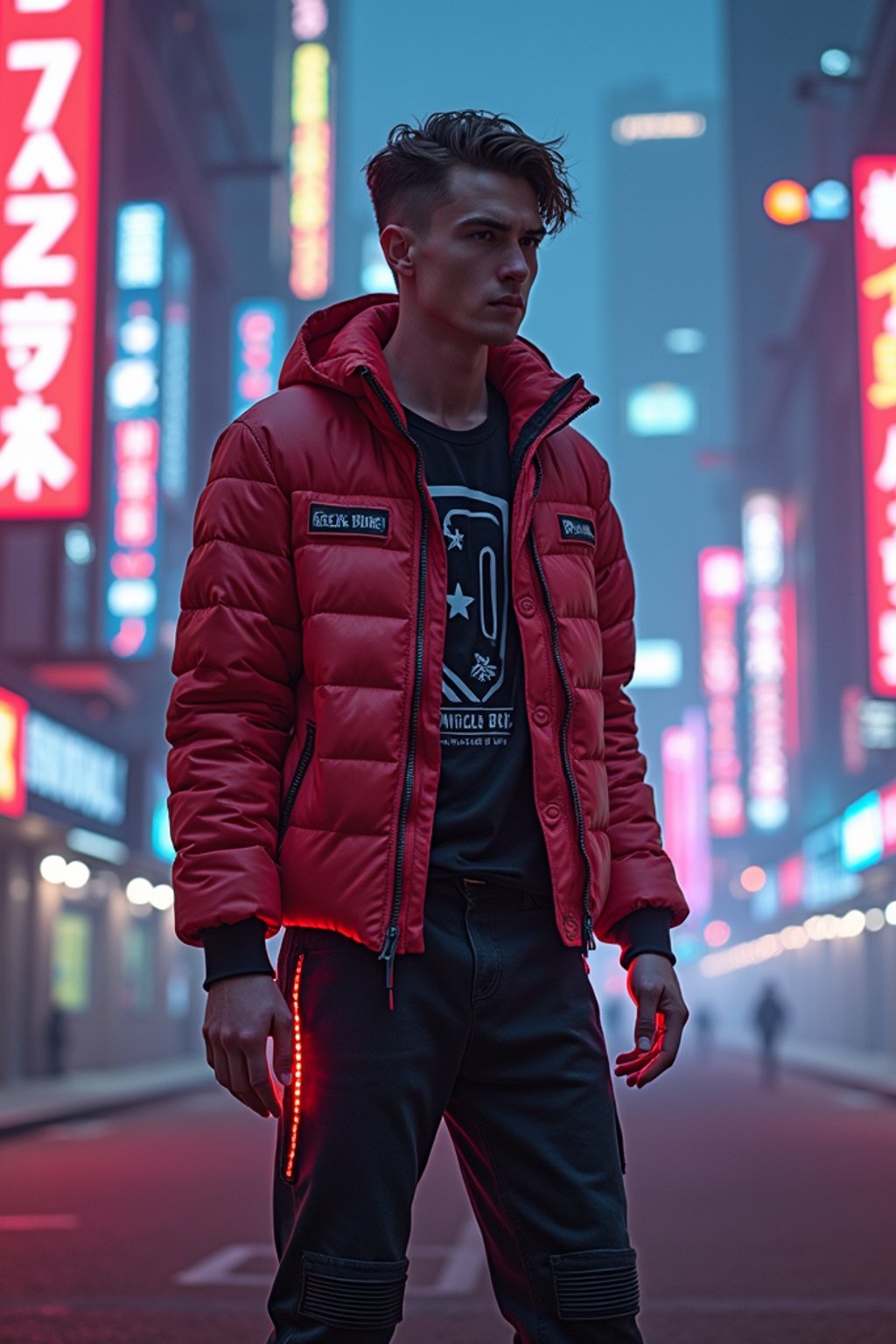 cyberpunk man with futuristic cyberpunk neon clothes standing in cyberpunk city with neon lights city on Mars in future, neon billboards, skyscrapers