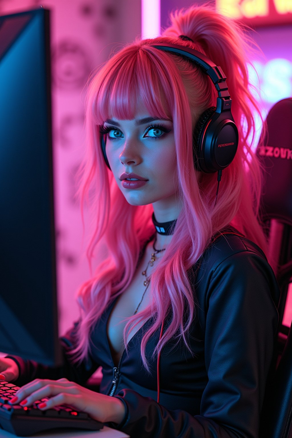 amazingly detailed man, masterpiece, ultra hd, full shot, dynamic angle, beautiful girl, computer gamer, gaming computer, gaming chair, playing cyberpunk 2077, neon bedroom, streamer setup, , cyberpunk theme, wild long hair, Wavy Cut with Curtain Bangs, bubblegum pink hair, high detail hair, smokey eye shadow, high detail skin, high detail eyes, seductive eyes, smokey makeup