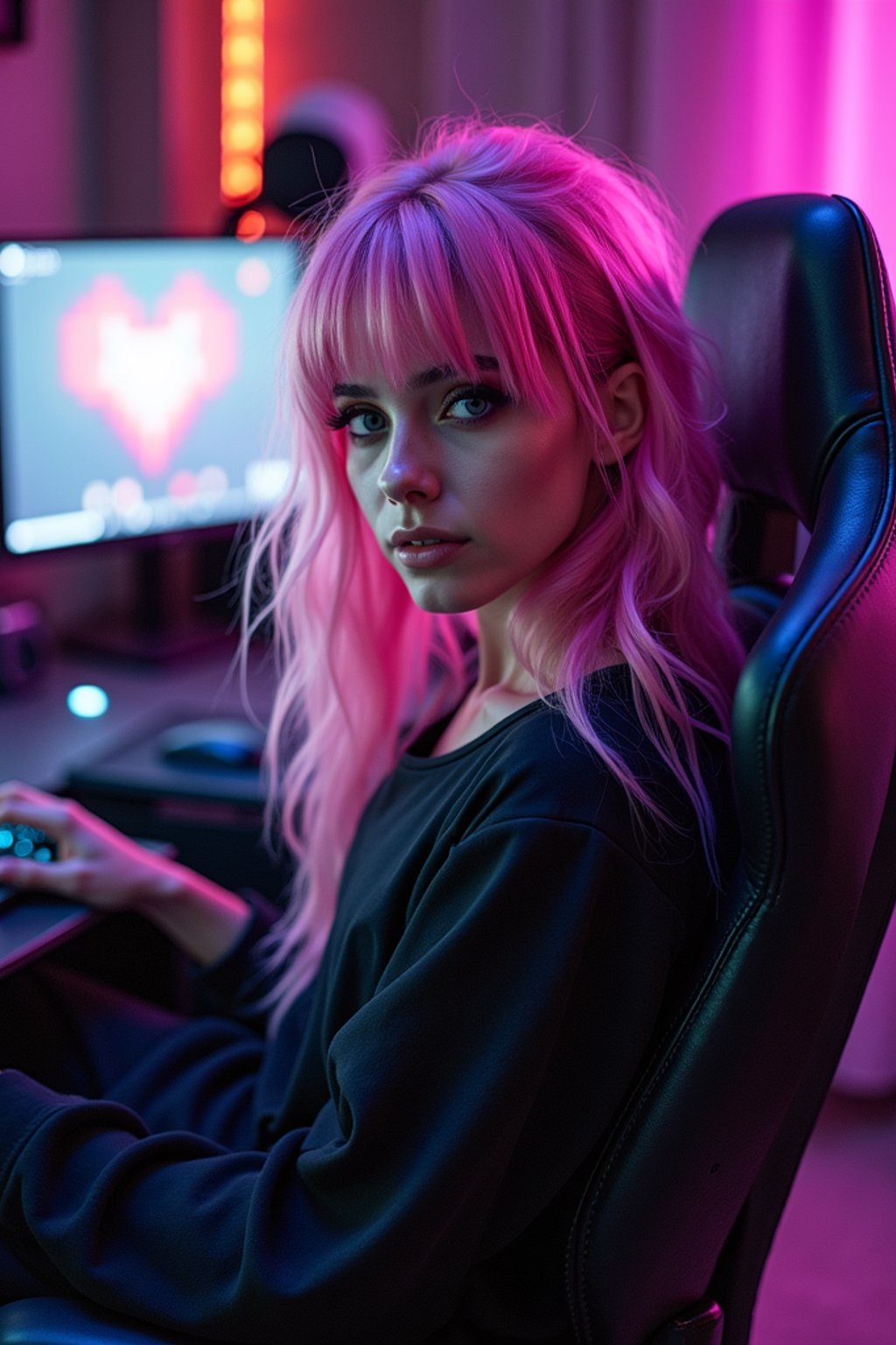 amazingly detailed man, masterpiece, ultra hd, full shot, dynamic angle, beautiful girl, computer gamer, gaming computer, gaming chair, playing cyberpunk 2077, neon bedroom, streamer setup, , cyberpunk theme, wild long hair, Wavy Cut with Curtain Bangs, bubblegum pink hair, high detail hair, smokey eye shadow, high detail skin, high detail eyes, seductive eyes, smokey makeup