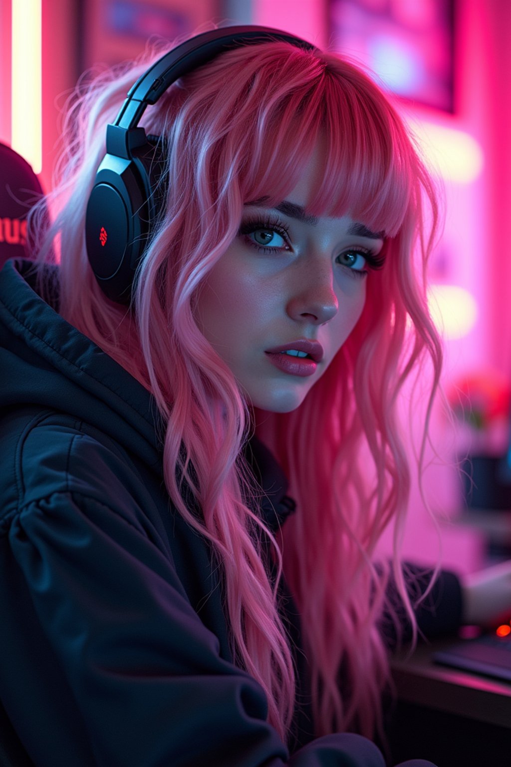 amazingly detailed man, masterpiece, ultra hd, full shot, dynamic angle, beautiful girl, computer gamer, gaming computer, gaming chair, playing cyberpunk 2077, neon bedroom, streamer setup, , cyberpunk theme, wild long hair, Wavy Cut with Curtain Bangs, bubblegum pink hair, high detail hair, smokey eye shadow, high detail skin, high detail eyes, seductive eyes, smokey makeup