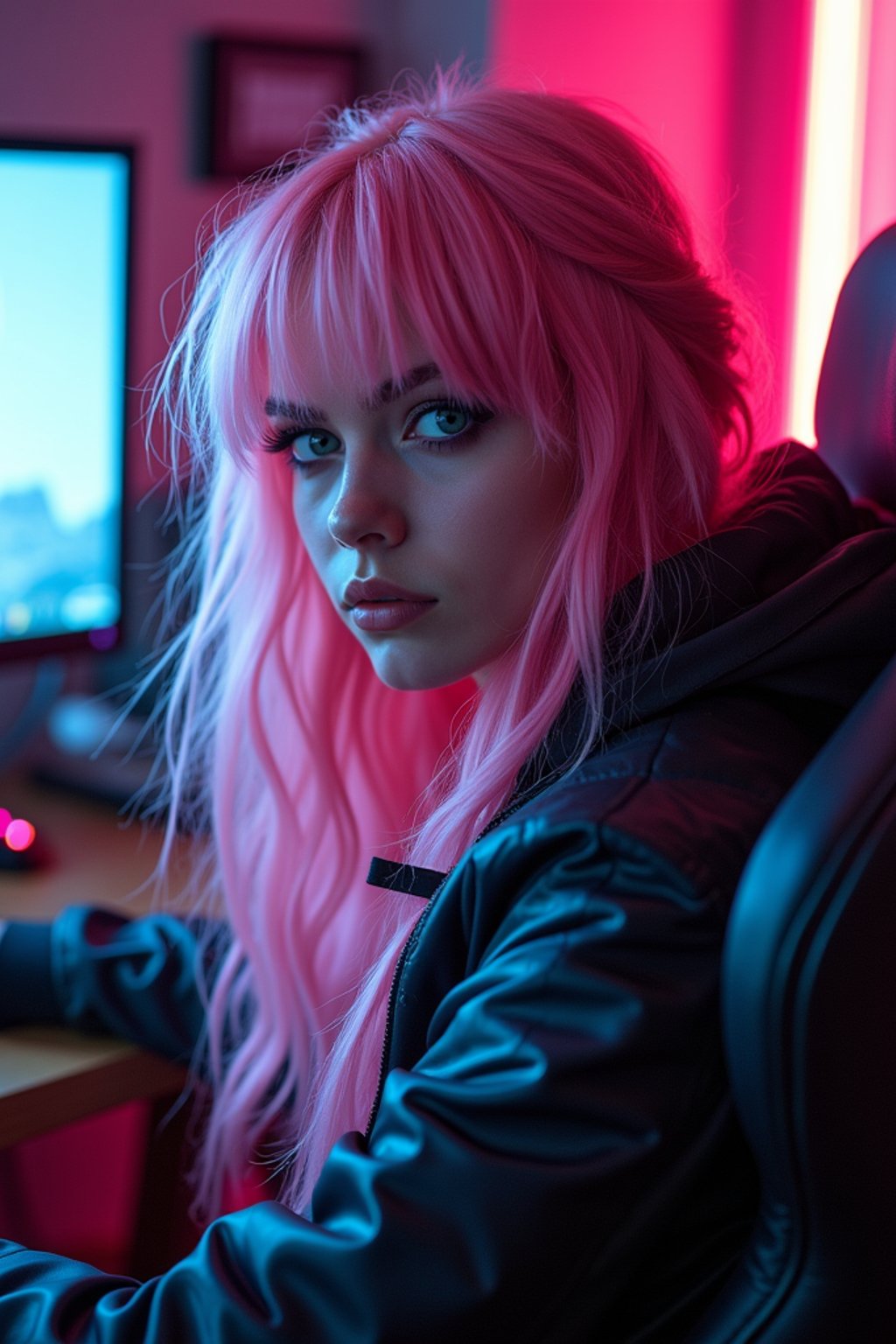 amazingly detailed man, masterpiece, ultra hd, full shot, dynamic angle, beautiful girl, computer gamer, gaming computer, gaming chair, playing cyberpunk 2077, neon bedroom, streamer setup, , cyberpunk theme, wild long hair, Wavy Cut with Curtain Bangs, bubblegum pink hair, high detail hair, smokey eye shadow, high detail skin, high detail eyes, seductive eyes, smokey makeup