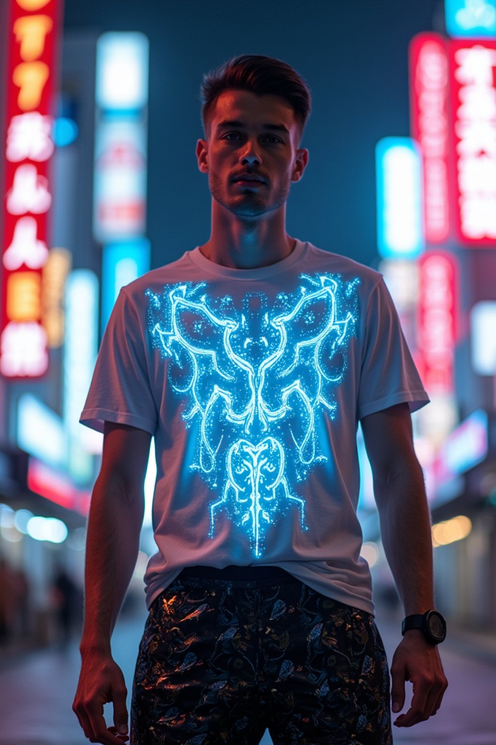 man wearing  holographic t-shirt and cybernetic trousers in a neon-lit Bladerunner-inspired cityscape