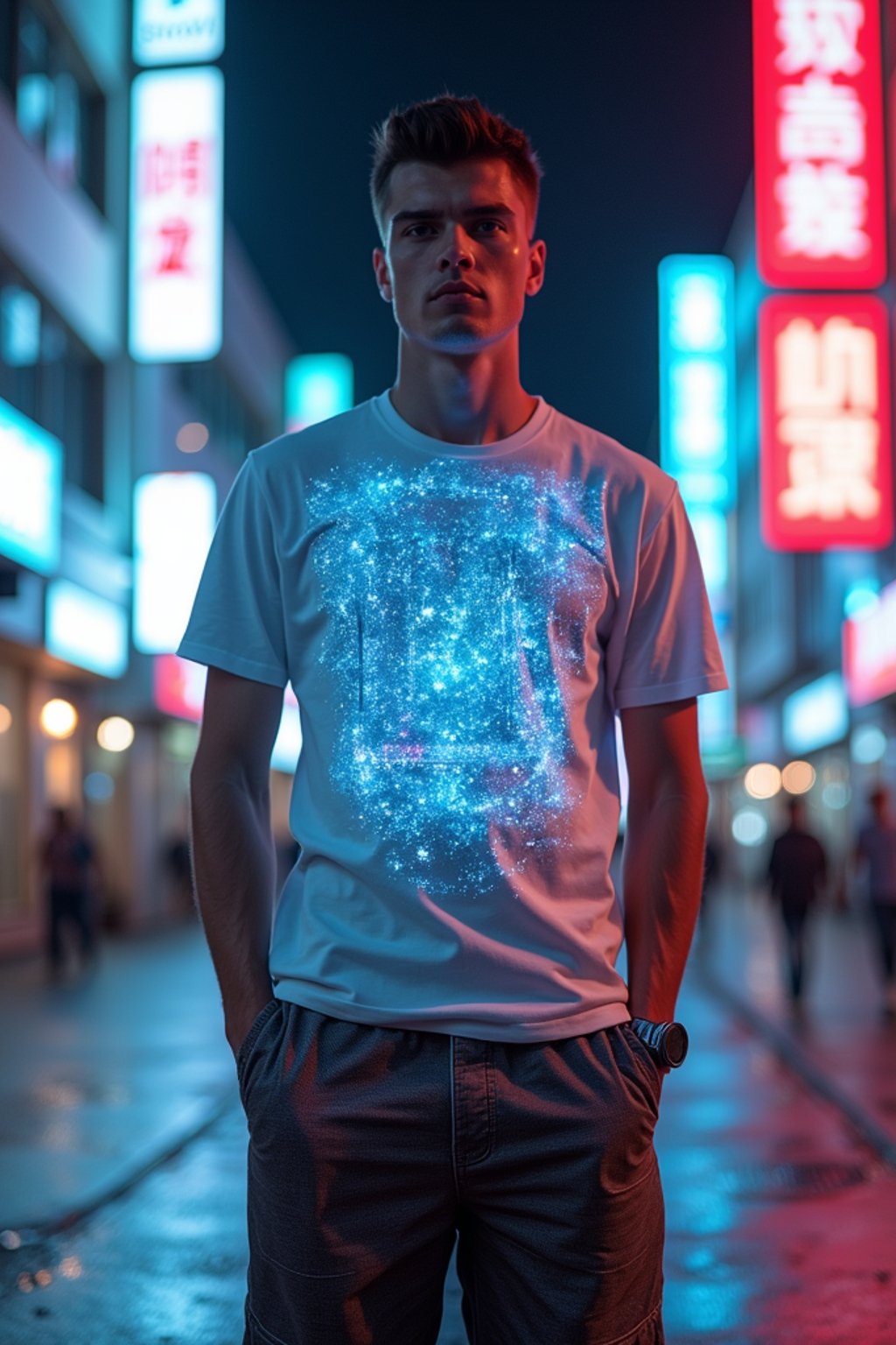 man wearing  holographic t-shirt and cybernetic trousers in a neon-lit Bladerunner-inspired cityscape