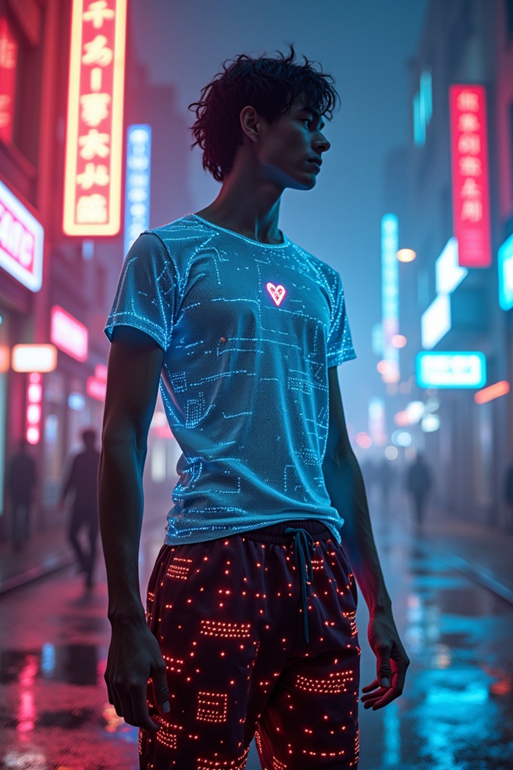 man wearing  holographic t-shirt and cybernetic trousers in a neon-lit Bladerunner-inspired cityscape