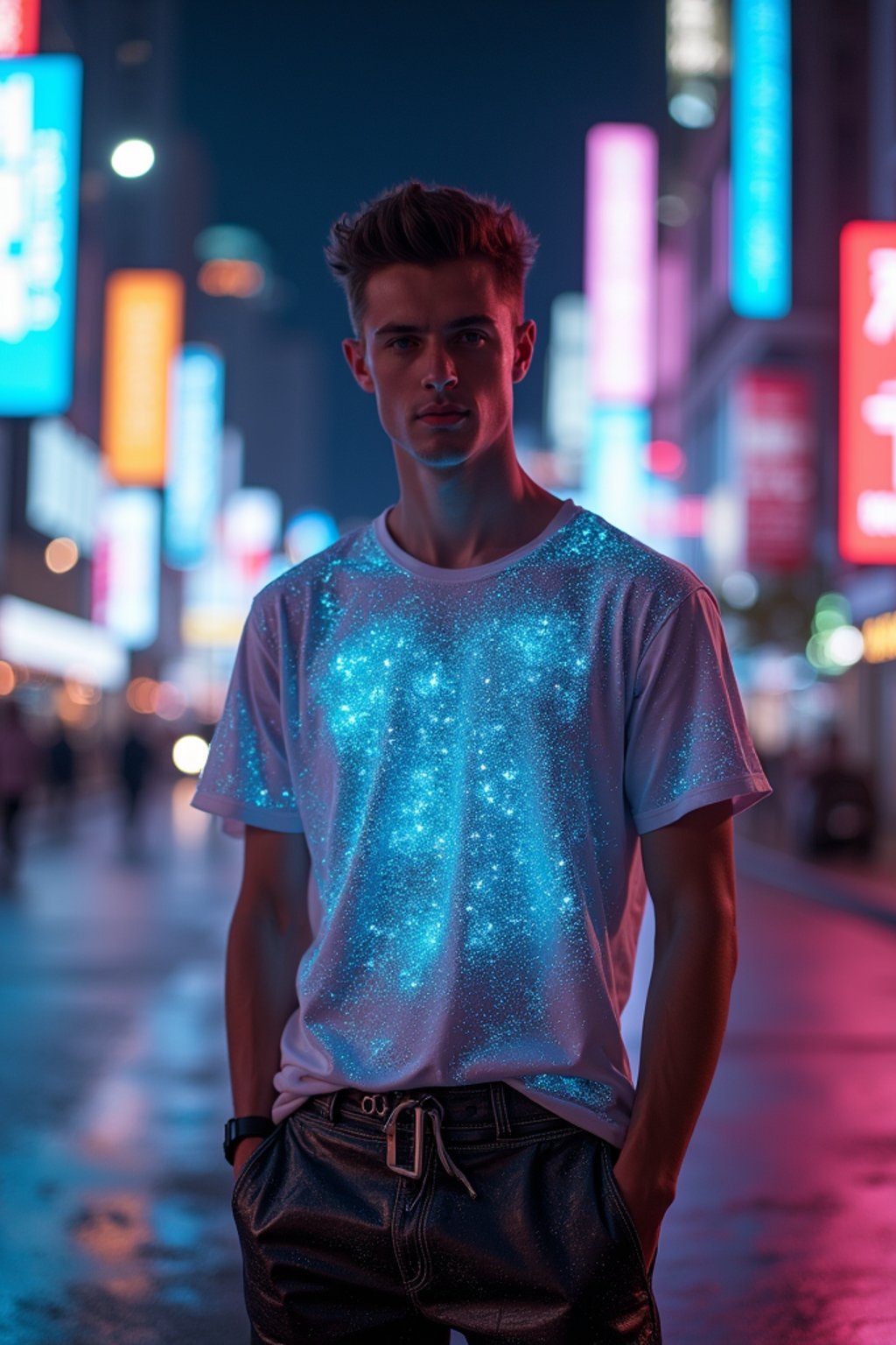 man wearing  holographic t-shirt and cybernetic trousers in a neon-lit Bladerunner-inspired cityscape