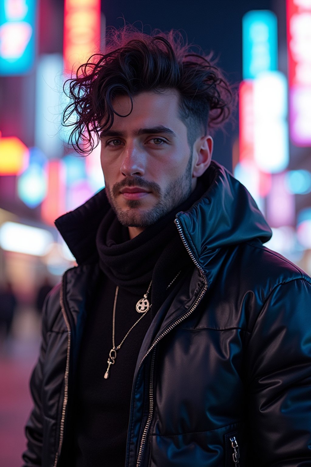 cosplayer man in a cyberpunk outfit, posing against the backdrop of bright city lights