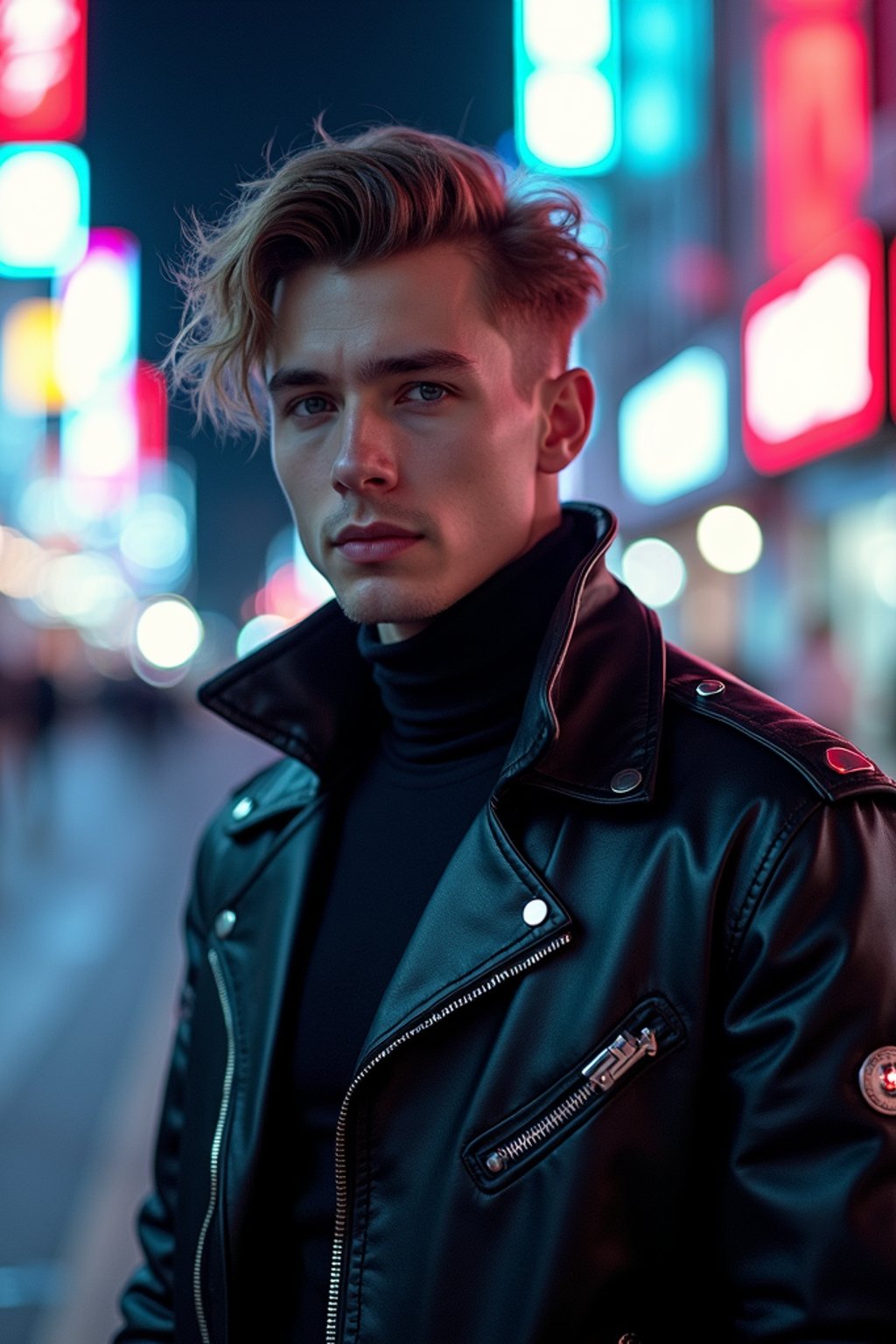 cosplayer man in a cyberpunk outfit, posing against the backdrop of bright city lights