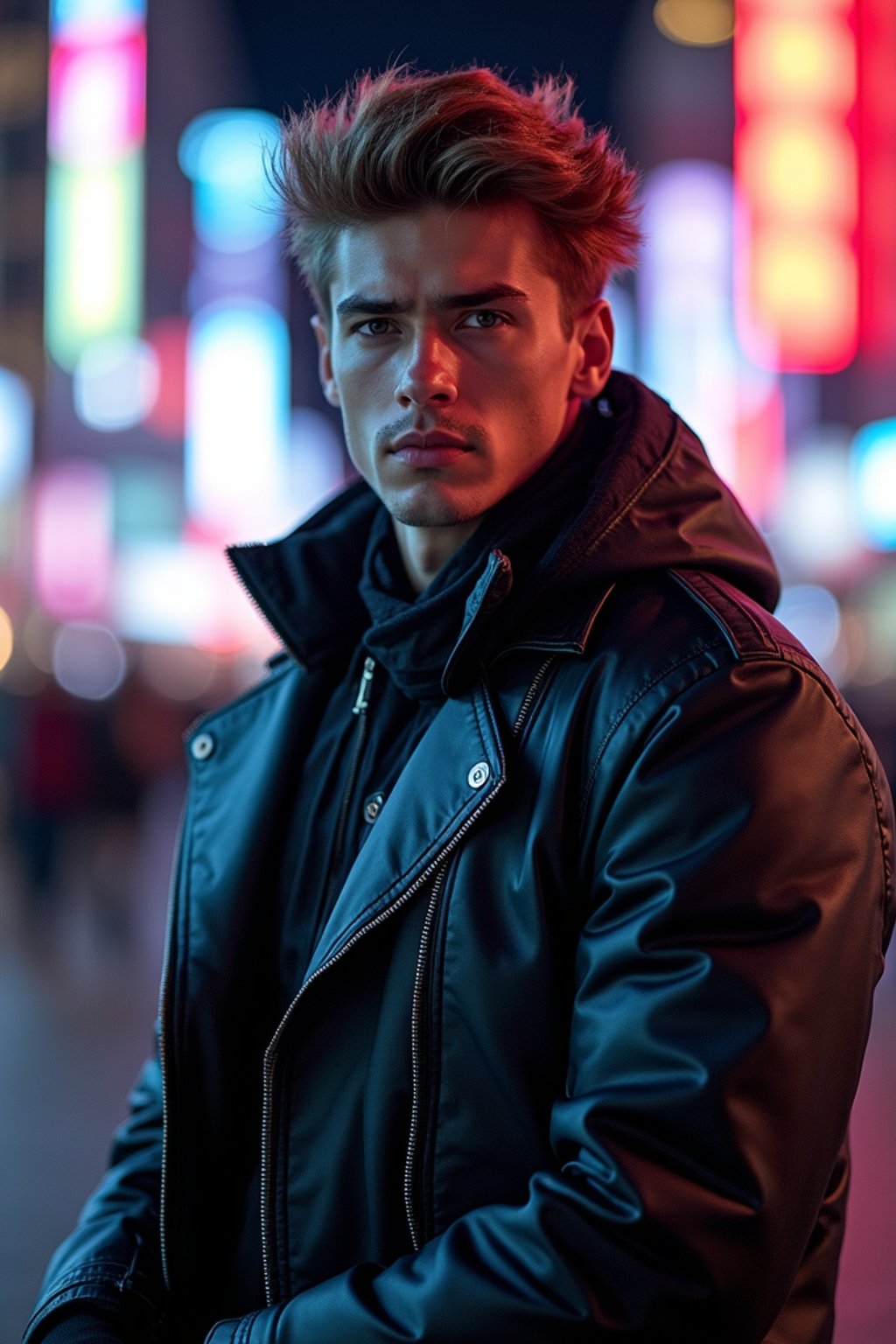 cosplayer man in a cyberpunk outfit, posing against the backdrop of bright city lights