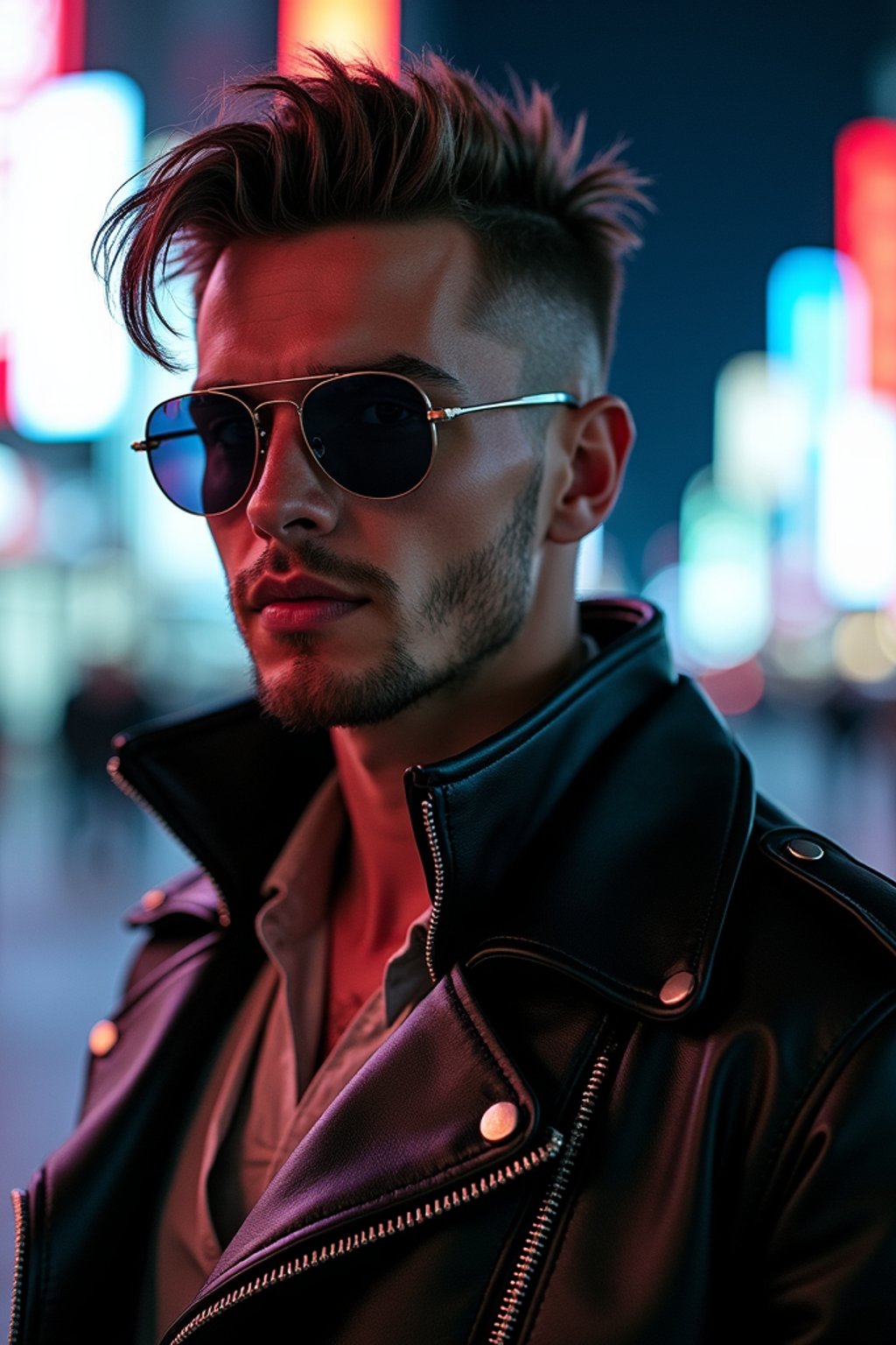 cosplayer man in a cyberpunk outfit, posing against the backdrop of bright city lights