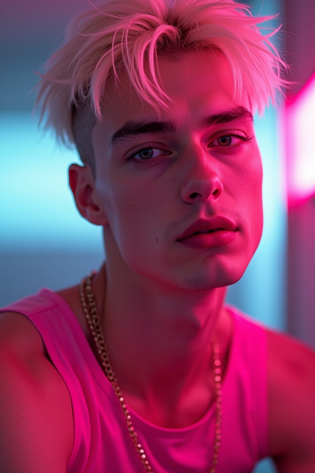 man with platinum blonde hair, in neon bar, cyberpunk, pink latex crop top, professional award winning photography, beautiful detailed eyes, highly detailed glossy eyes, high detailed skin, skin pores