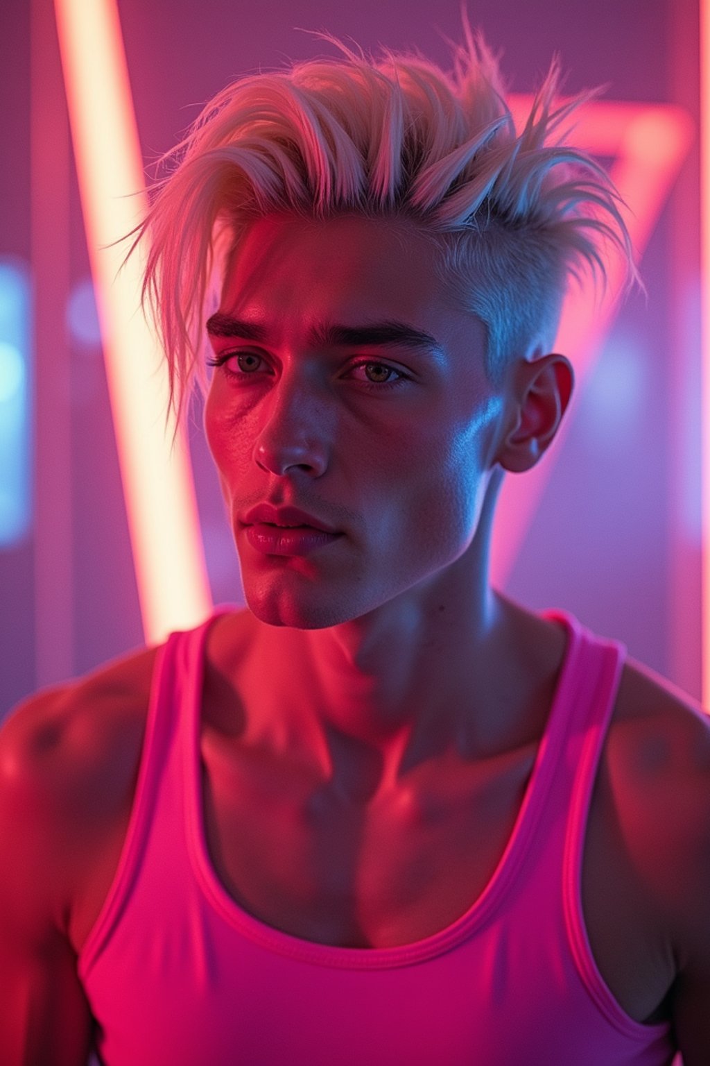 man with platinum blonde hair, in neon bar, cyberpunk, pink latex crop top, professional award winning photography, beautiful detailed eyes, highly detailed glossy eyes, high detailed skin, skin pores