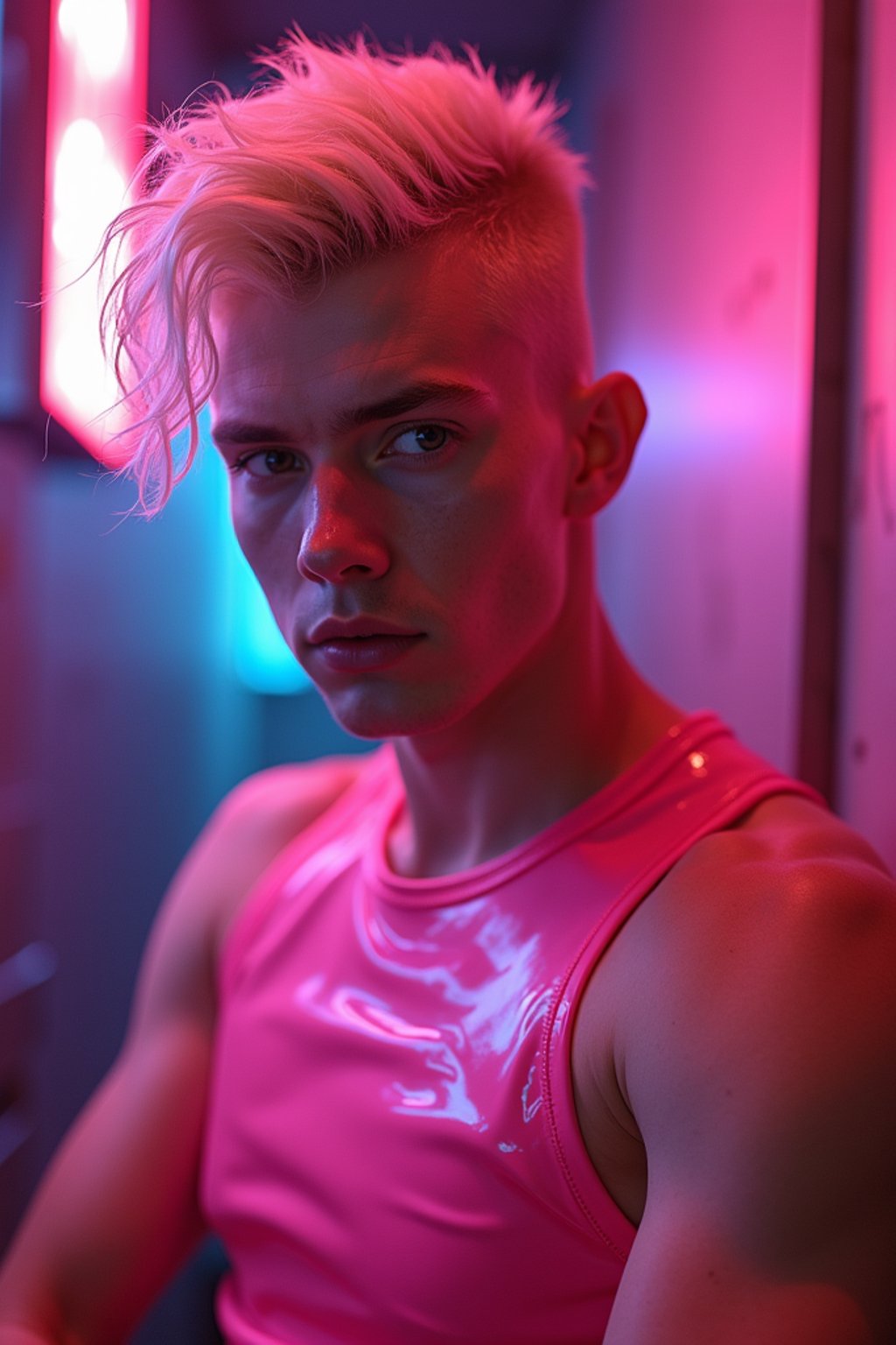 man with platinum blonde hair, in neon bar, cyberpunk, pink latex crop top, professional award winning photography, beautiful detailed eyes, highly detailed glossy eyes, high detailed skin, skin pores