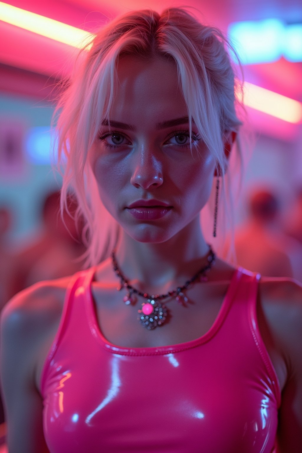 man with platinum blonde hair, in neon bar, cyberpunk, pink latex crop top, professional award winning photography, beautiful detailed eyes, highly detailed glossy eyes, high detailed skin, skin pores