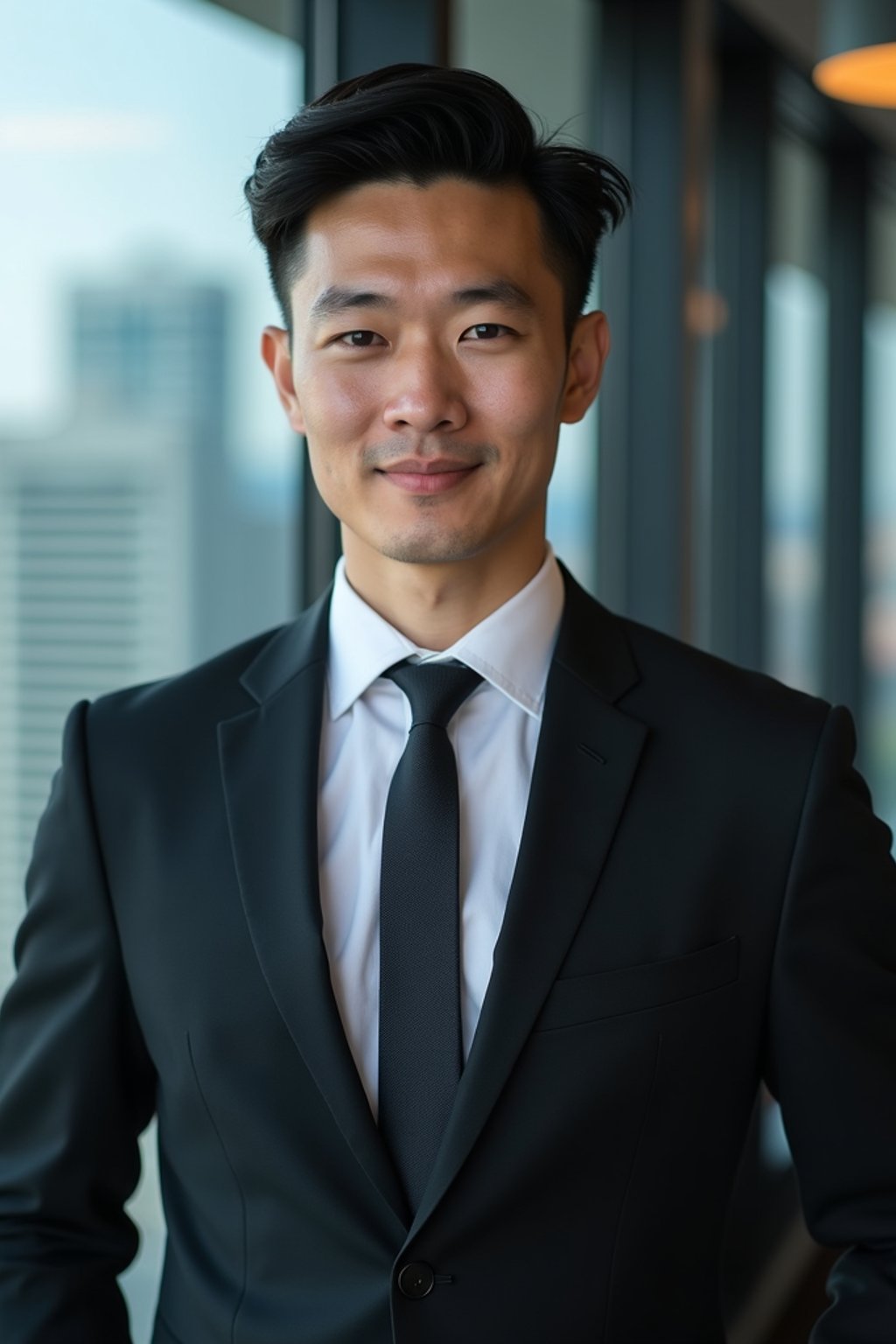 8k professional headshot of man, crisp details, studio backdrop, executive attire, confident posture, neutral expression, high-definition, corporate setting, sharp focus, ambient lighting, business professional, cityscape view