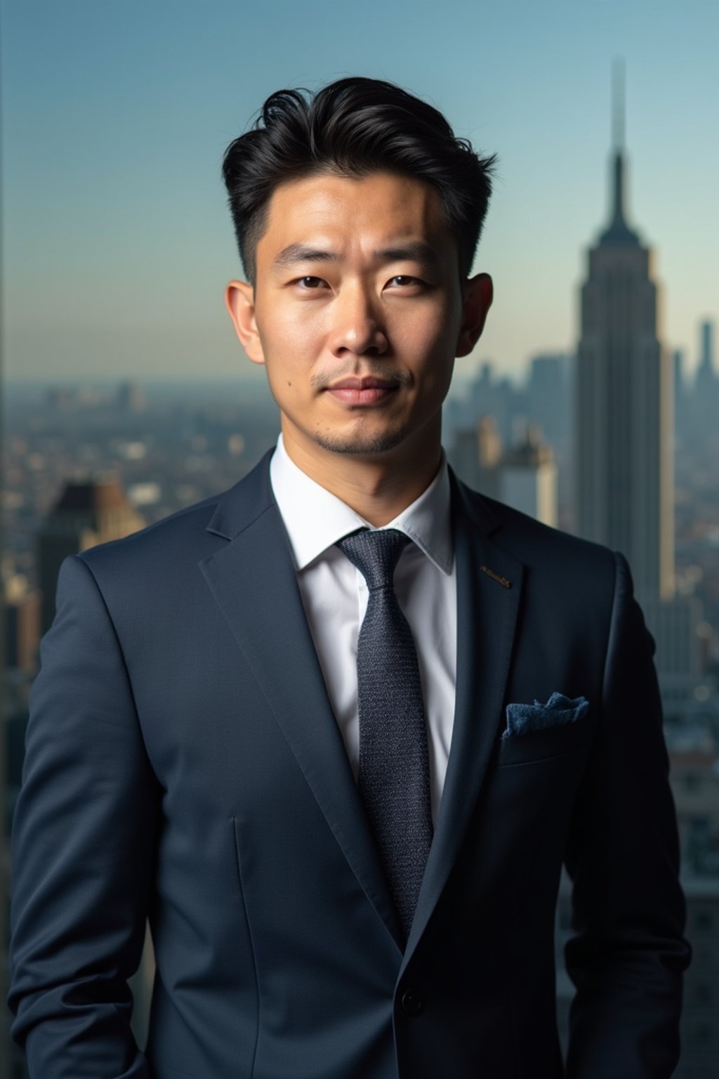 8k professional headshot of man, crisp details, studio backdrop, executive attire, confident posture, neutral expression, high-definition, corporate setting, sharp focus, ambient lighting, business professional, cityscape view