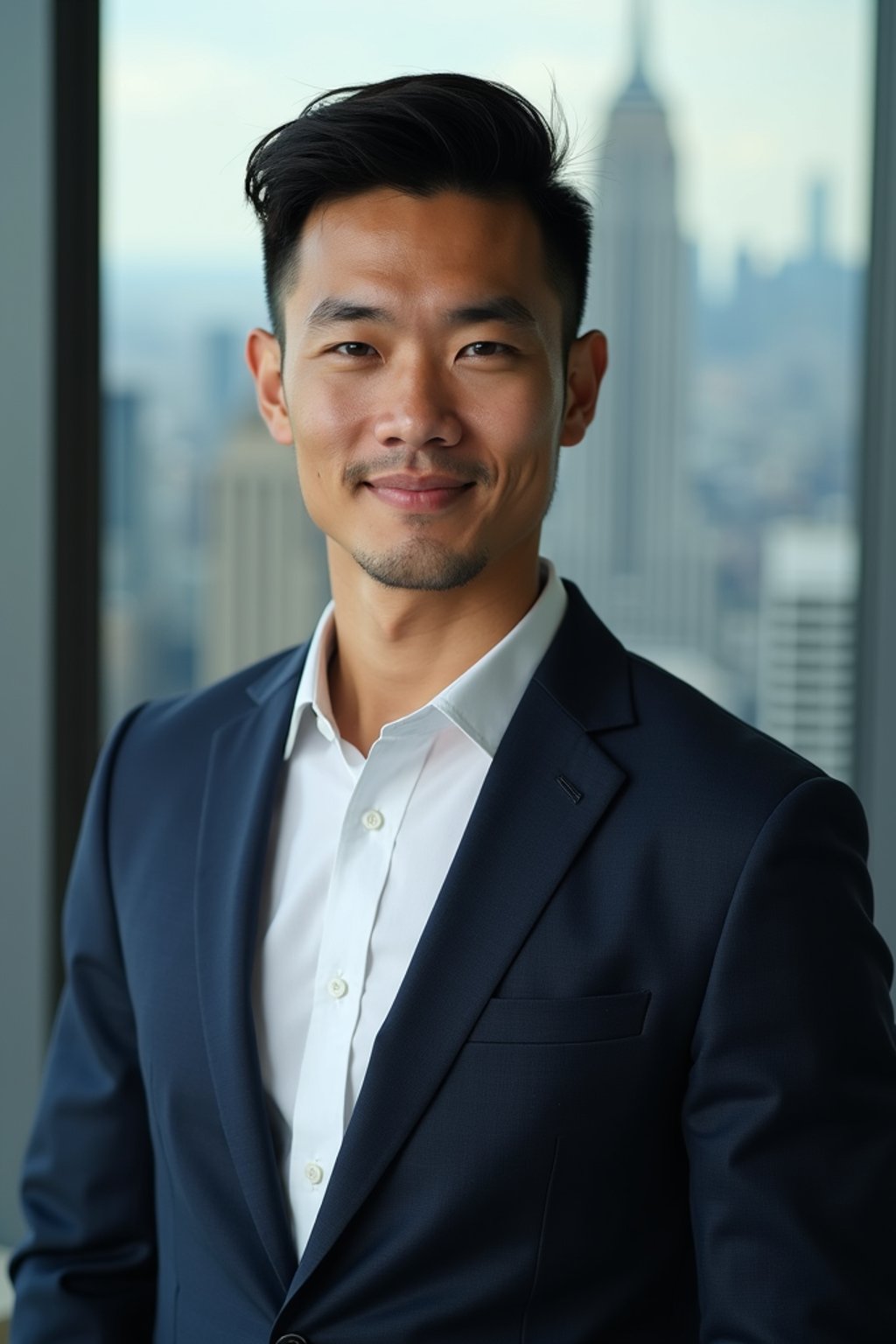 8k professional headshot of man, crisp details, studio backdrop, executive attire, confident posture, neutral expression, high-definition, corporate setting, sharp focus, ambient lighting, business professional, cityscape view