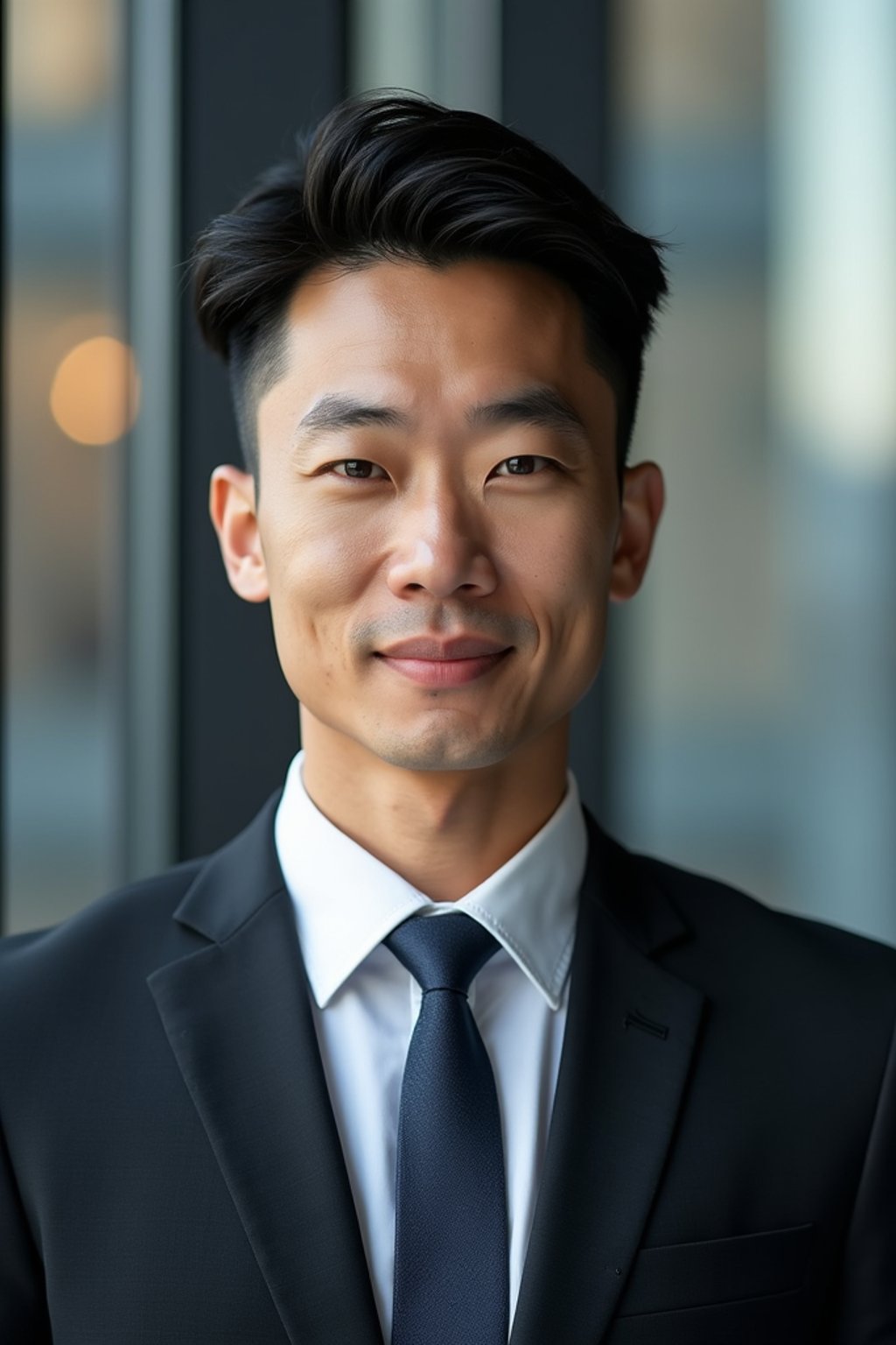 8k professional headshot of man, crisp details, studio backdrop, executive attire, confident posture, neutral expression, high-definition, corporate setting, sharp focus, ambient lighting, business professional, cityscape view