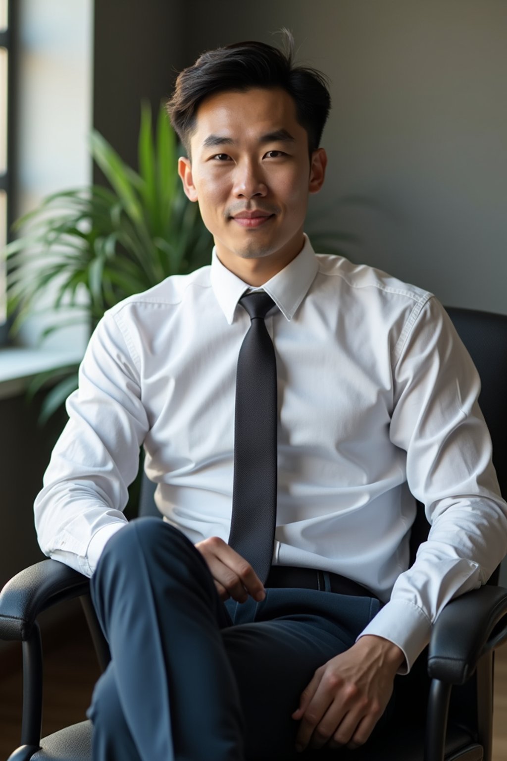 headshot of man, sitting at a desk, at a (office),  shirt and tie and suit pants