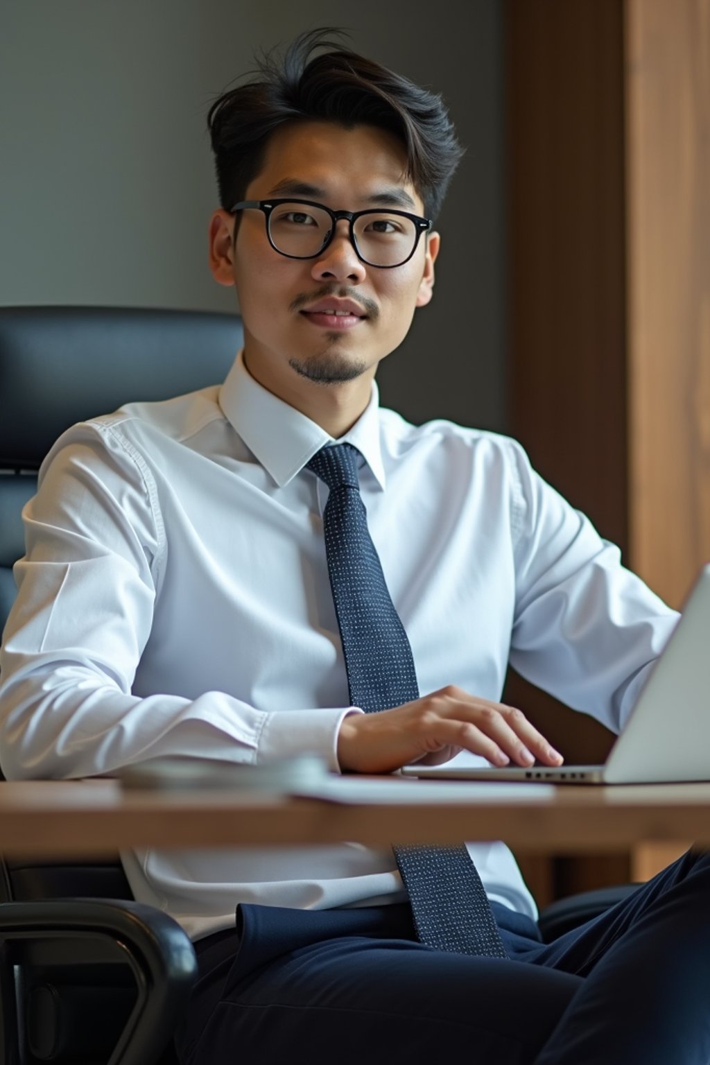 headshot of man, sitting at a desk, at a (office),  shirt and tie and suit pants