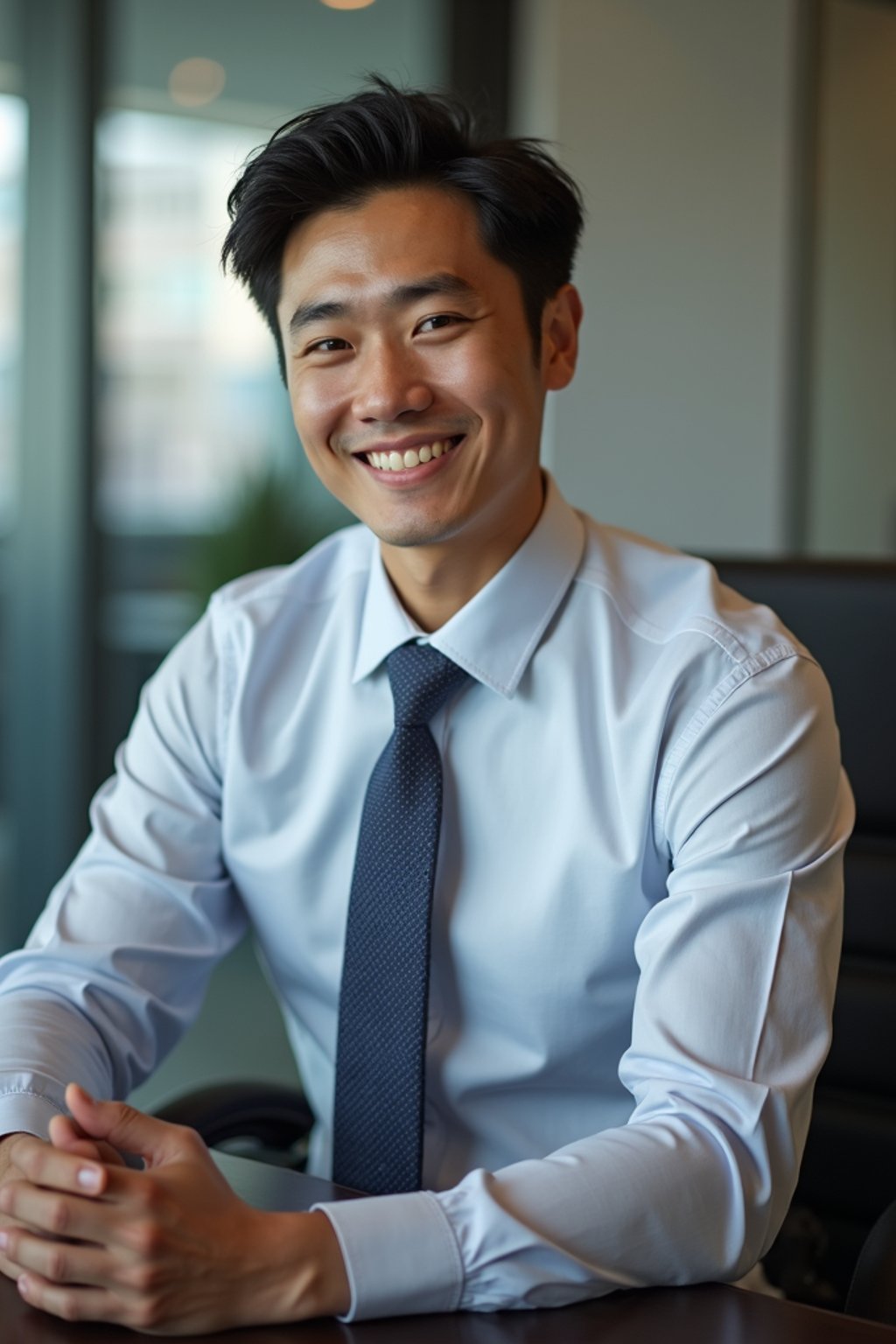 headshot of man, sitting at a desk, at a (office),  shirt and tie and suit pants