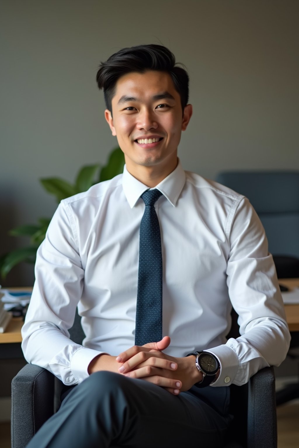 headshot of man, sitting at a desk, at a (office),  shirt and tie and suit pants