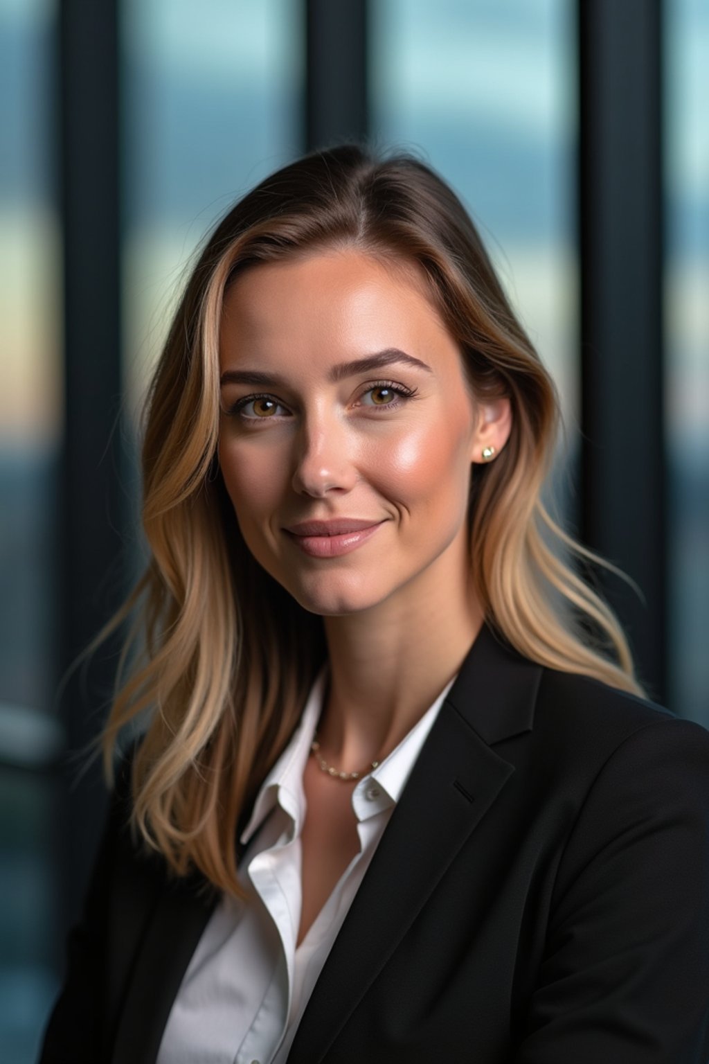 8k professional headshot of woman, crisp details, studio backdrop, executive attire, confident posture, neutral expression, high-definition, corporate setting, sharp focus, ambient lighting, business professional, cityscape view