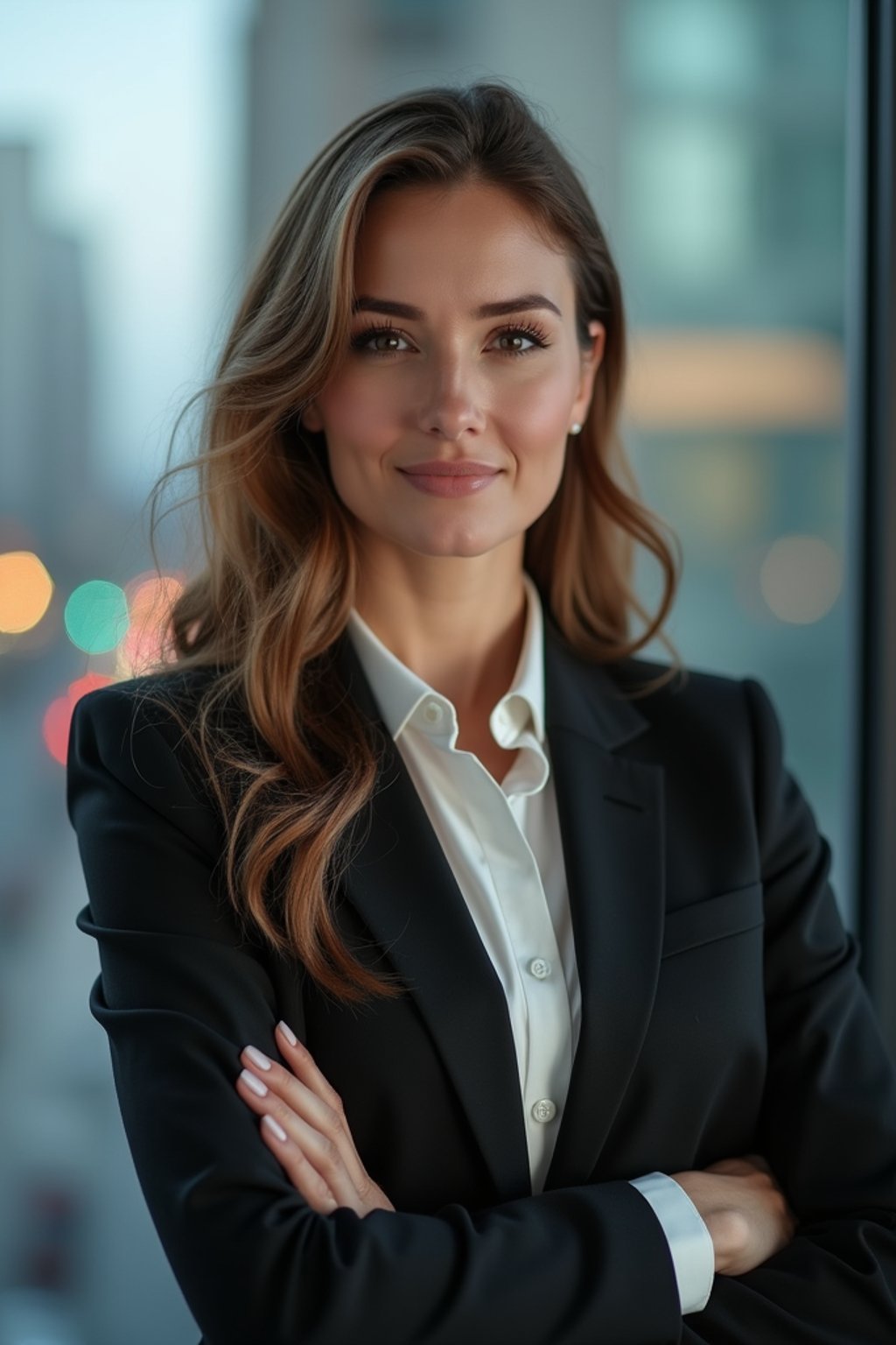 8k professional headshot of woman, crisp details, studio backdrop, executive attire, confident posture, neutral expression, high-definition, corporate setting, sharp focus, ambient lighting, business professional, cityscape view